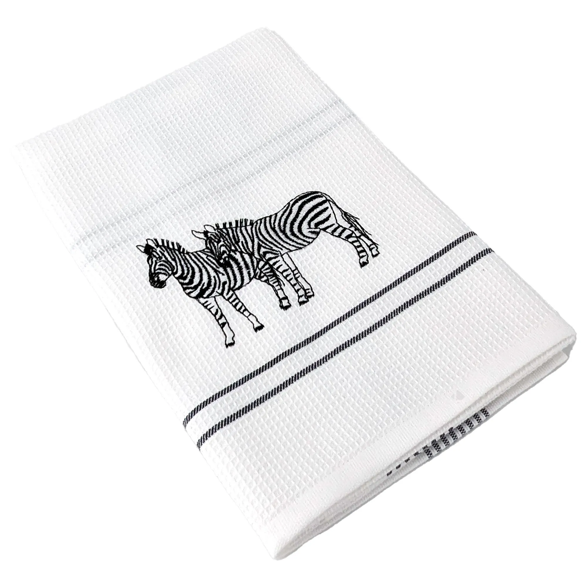 Torchon de cuisine 50x70 cm WAFFLE BRODÉ coton gris broderie zèbres
