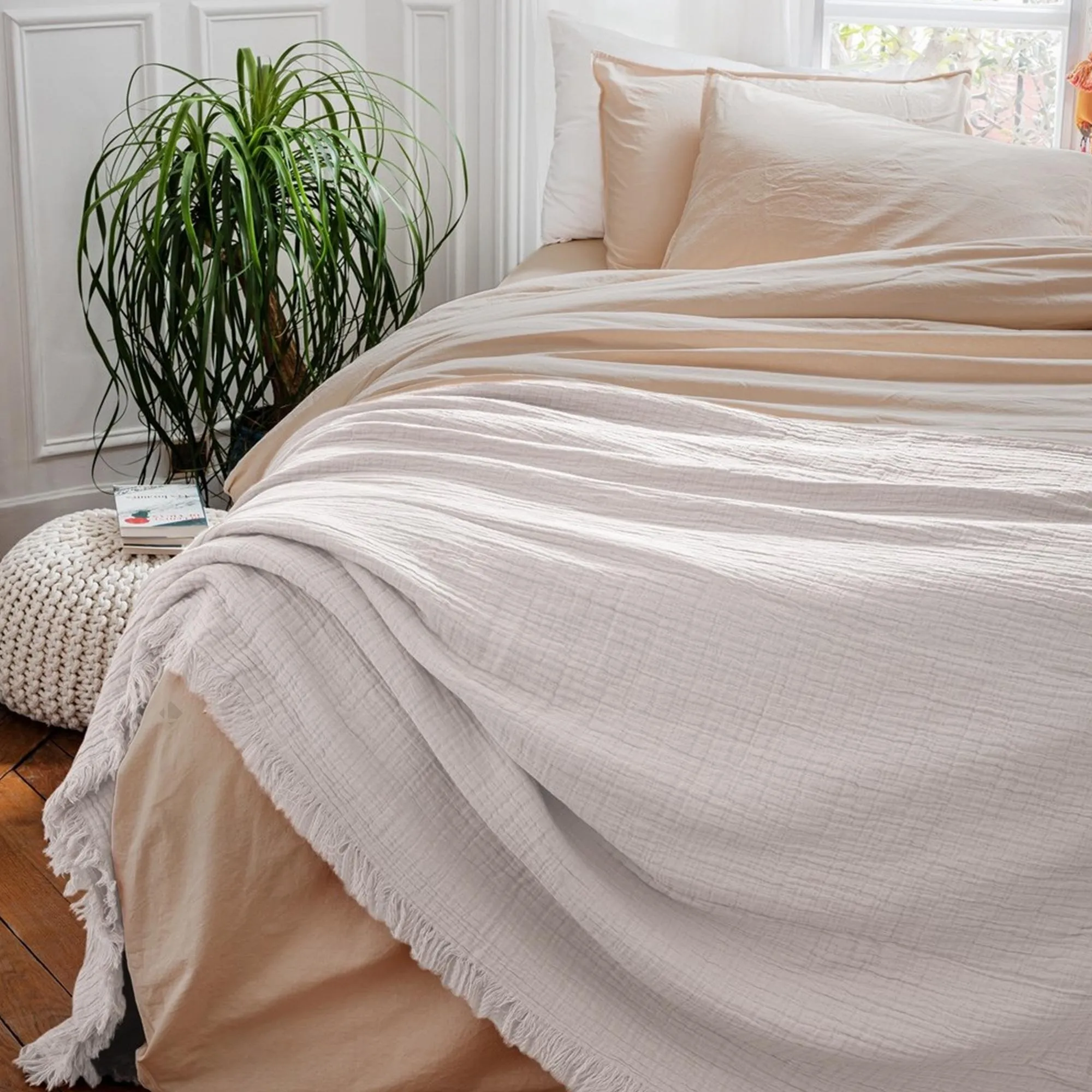 Dessus de lit frange 180x250 cm BREHAT 100% gaze de coton blanc