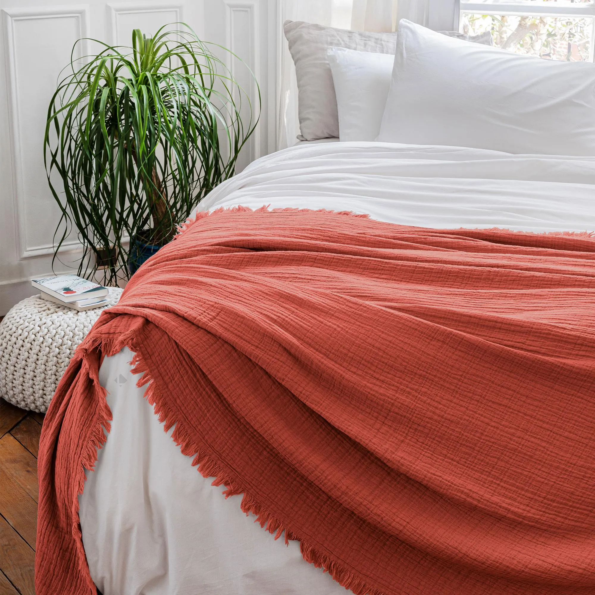 Dessus de lit 180x250 cm BREHAT 100% gaze de coton orange corail