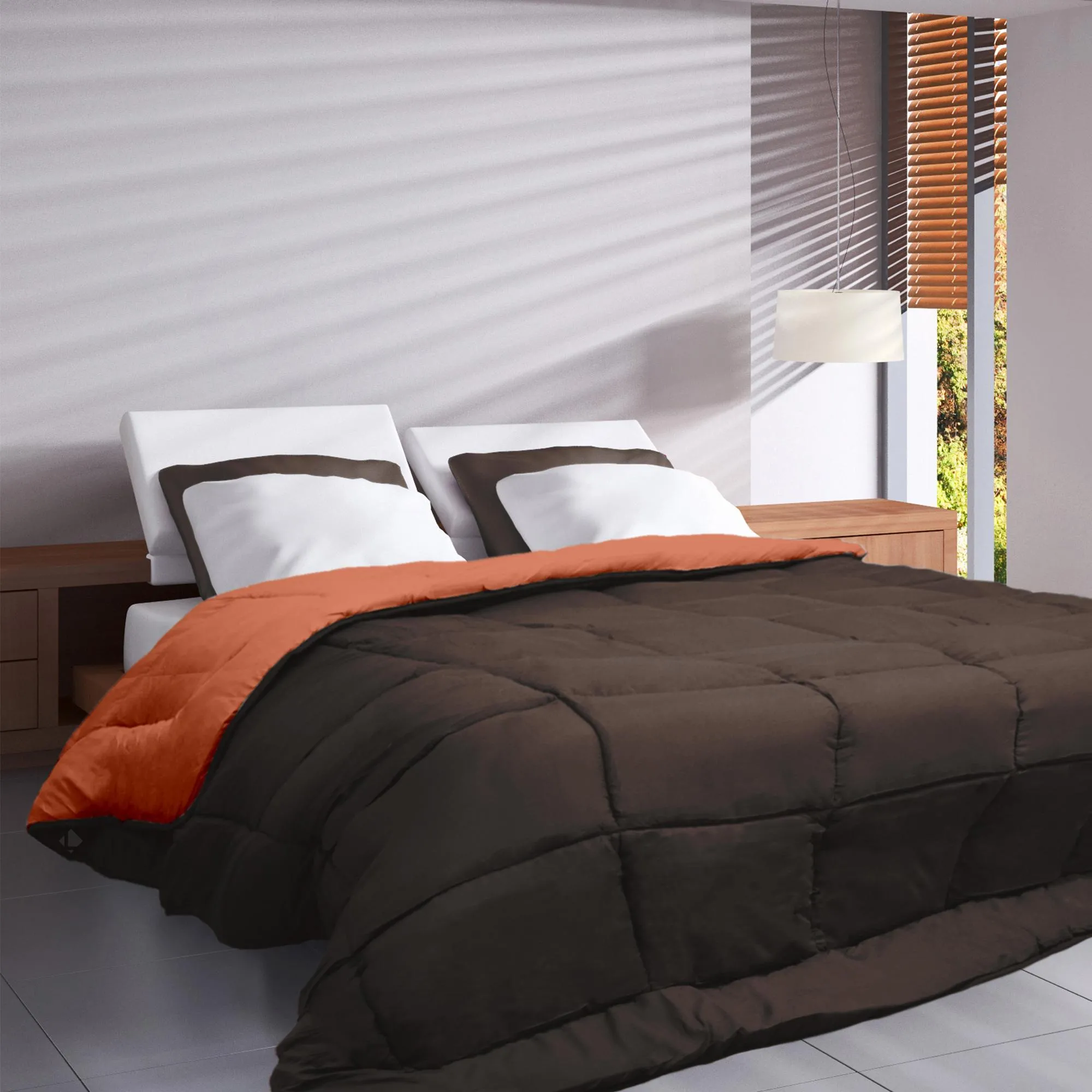 Couette hiver 140x200 cm COCOON BICOLORE Chocolat/Corail garnissage fibre polyester 400 g/m2
