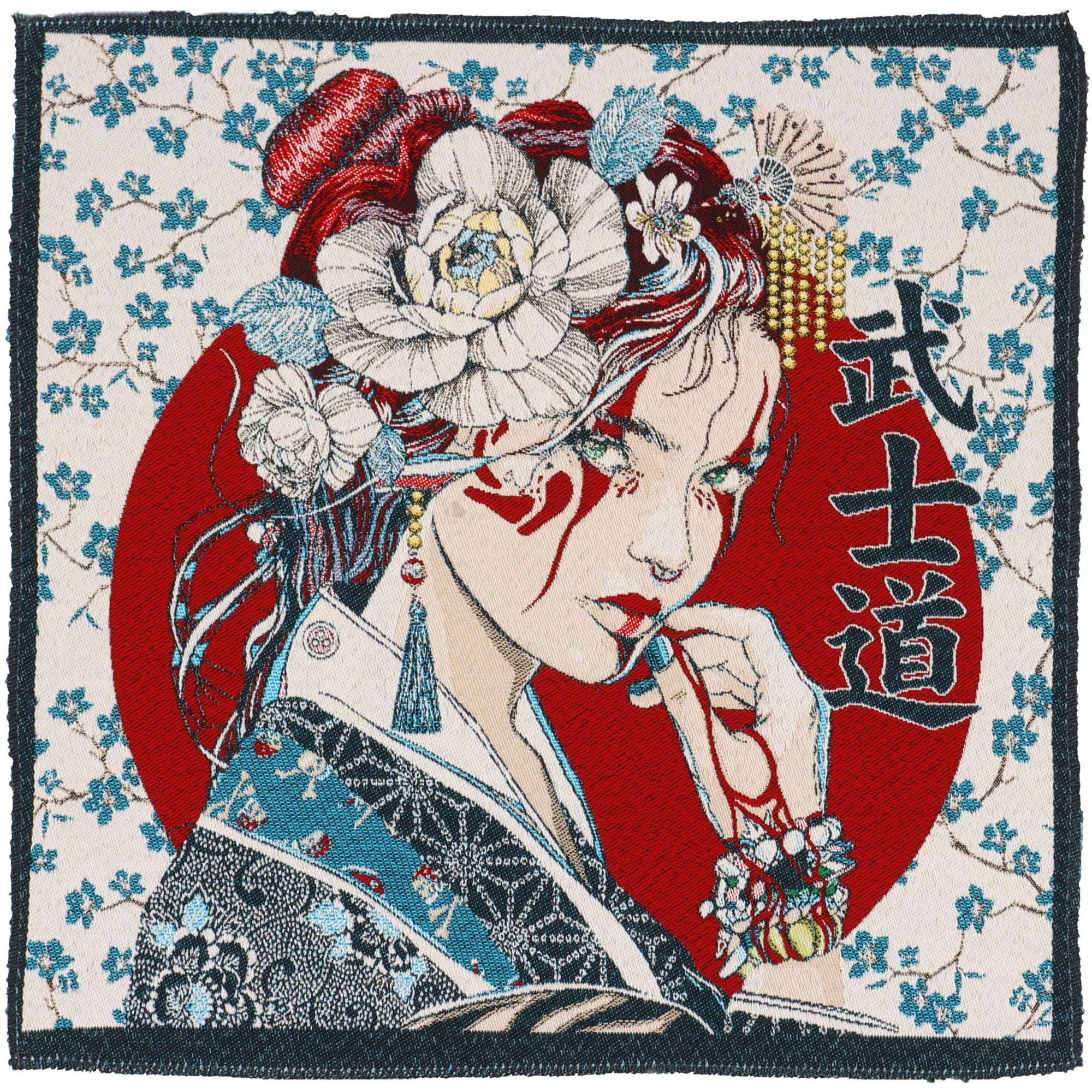 Carré de tissu jacquard polycoton motif japonais GEISHA bleu Turquoise