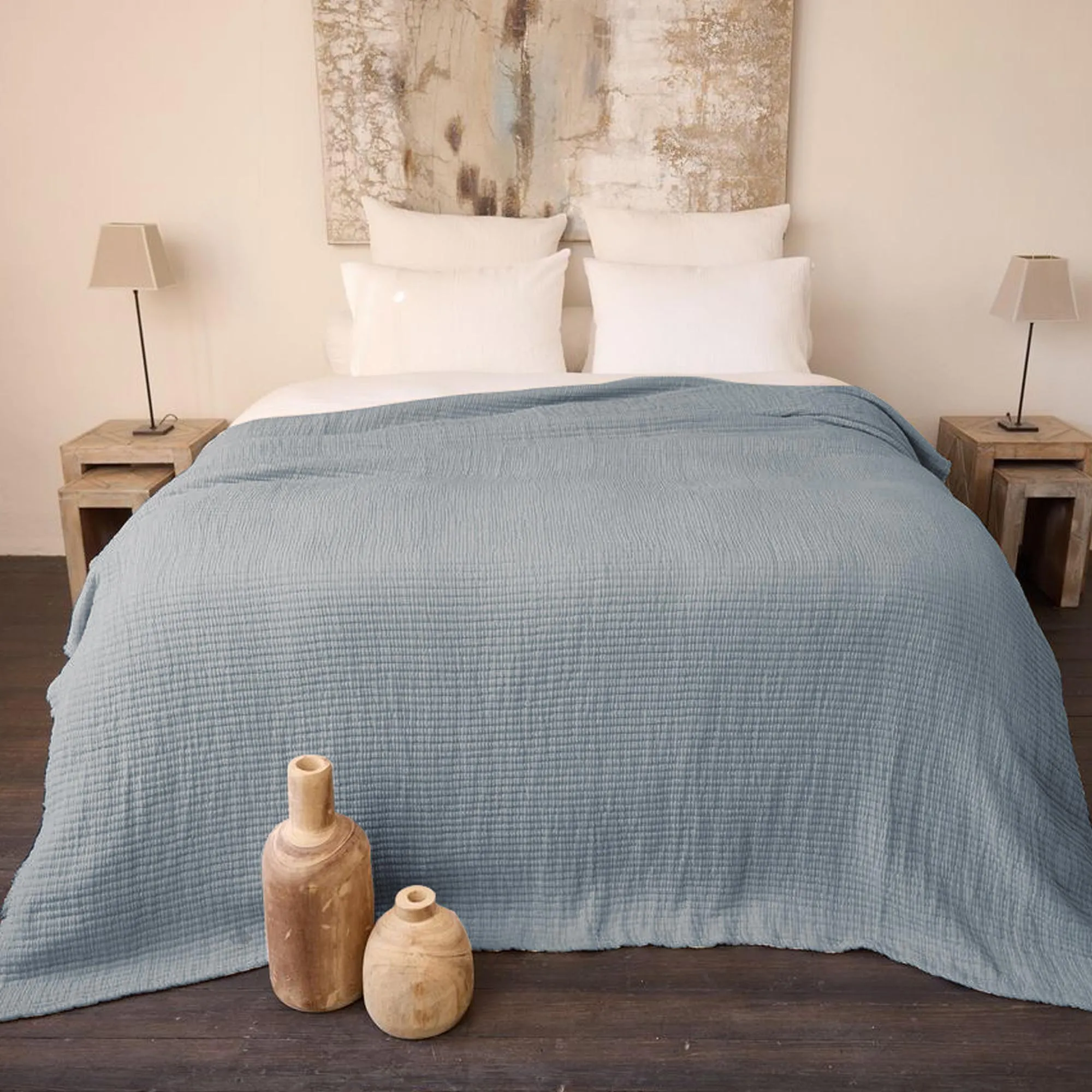 Dessus de lit 180x250 cm en coton lavé SEVILLE bleu abysse