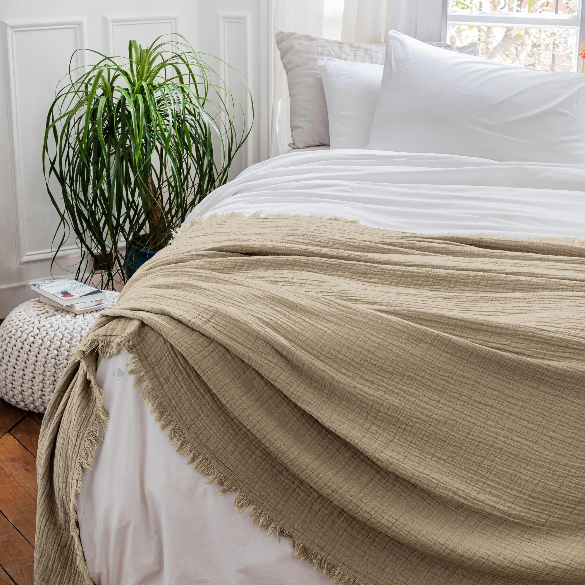 Dessus de lit 180x250 cm BREHAT 100% gaze de coton marron galet