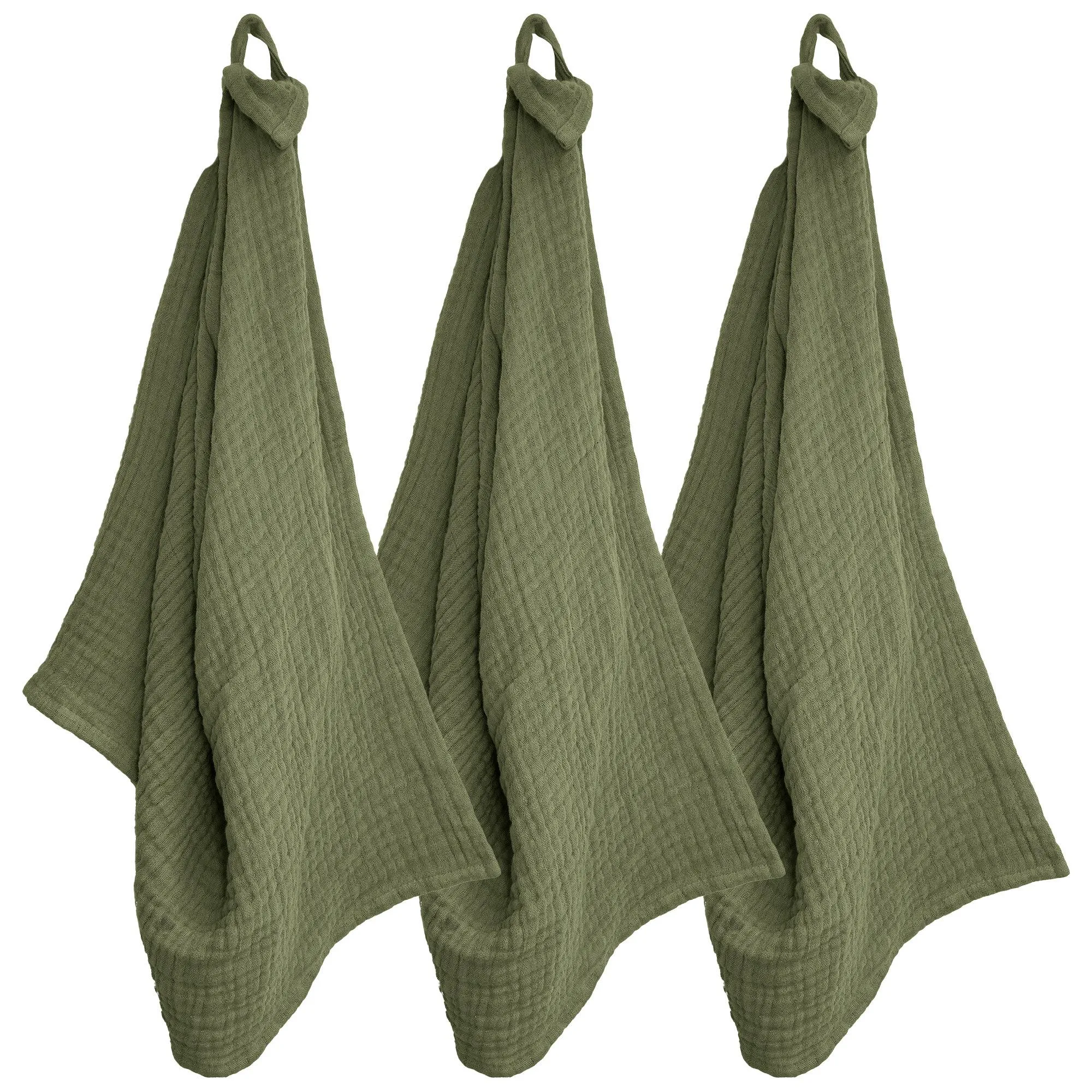 Trio de torchon de cuisine 40x60 cm mousseline de coton KEA TABLE vert kaki