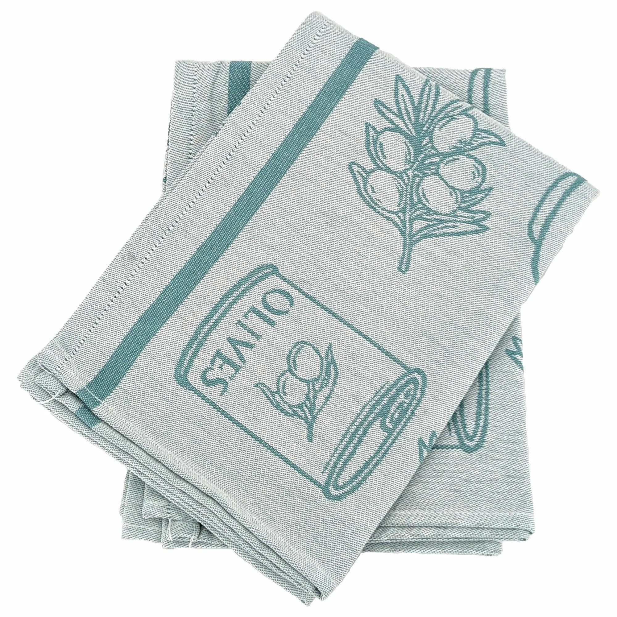 Lot de 2 torchons de cuisine pur coton 50x70 cm EVOO motifs olives vert