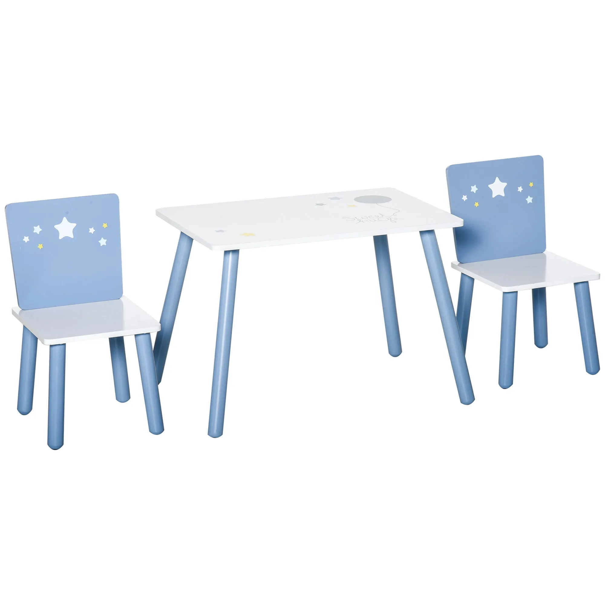 3 Pcs Kids Table & Chairs Set w/ Wood Legs Safe Corners Cute Stars Seating Mini Furniture Home Playroom Bedroom Dining Room Blue