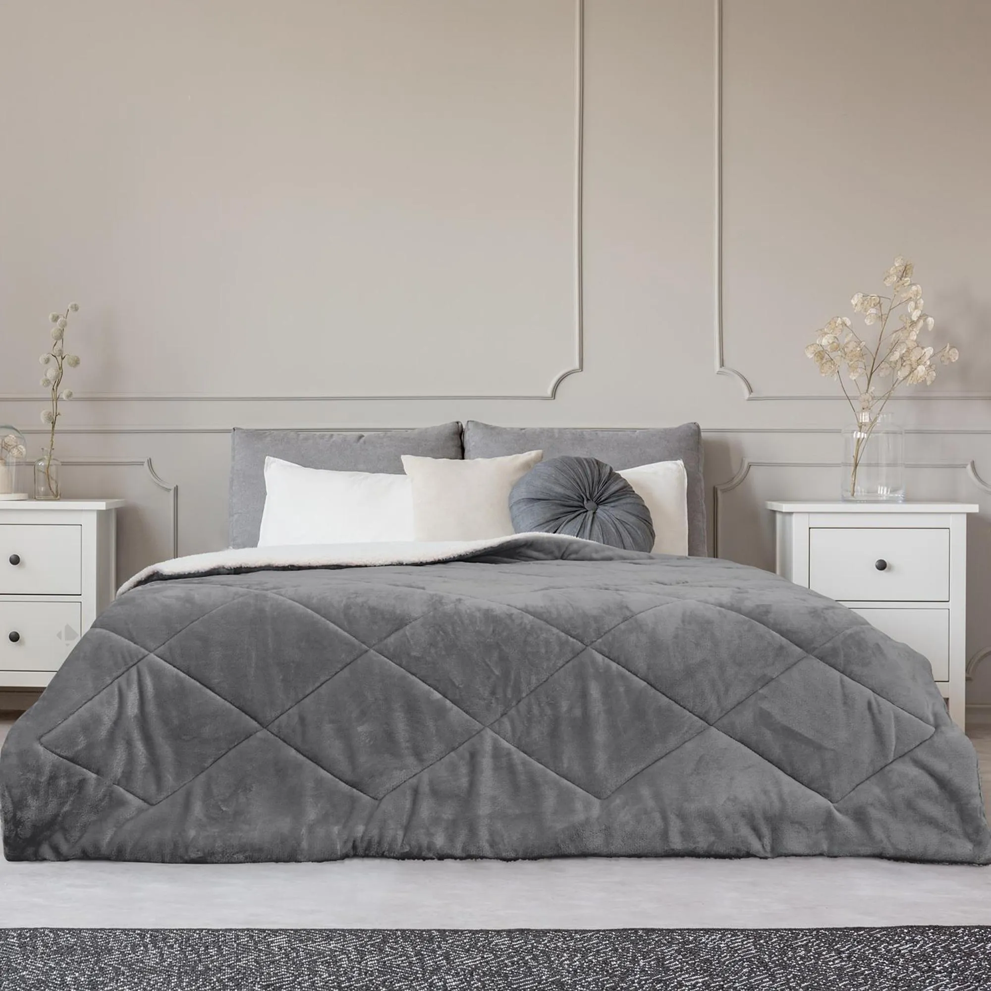 Couvre lit flanelle et sherpa 220x240 cm collection BERGEN gris