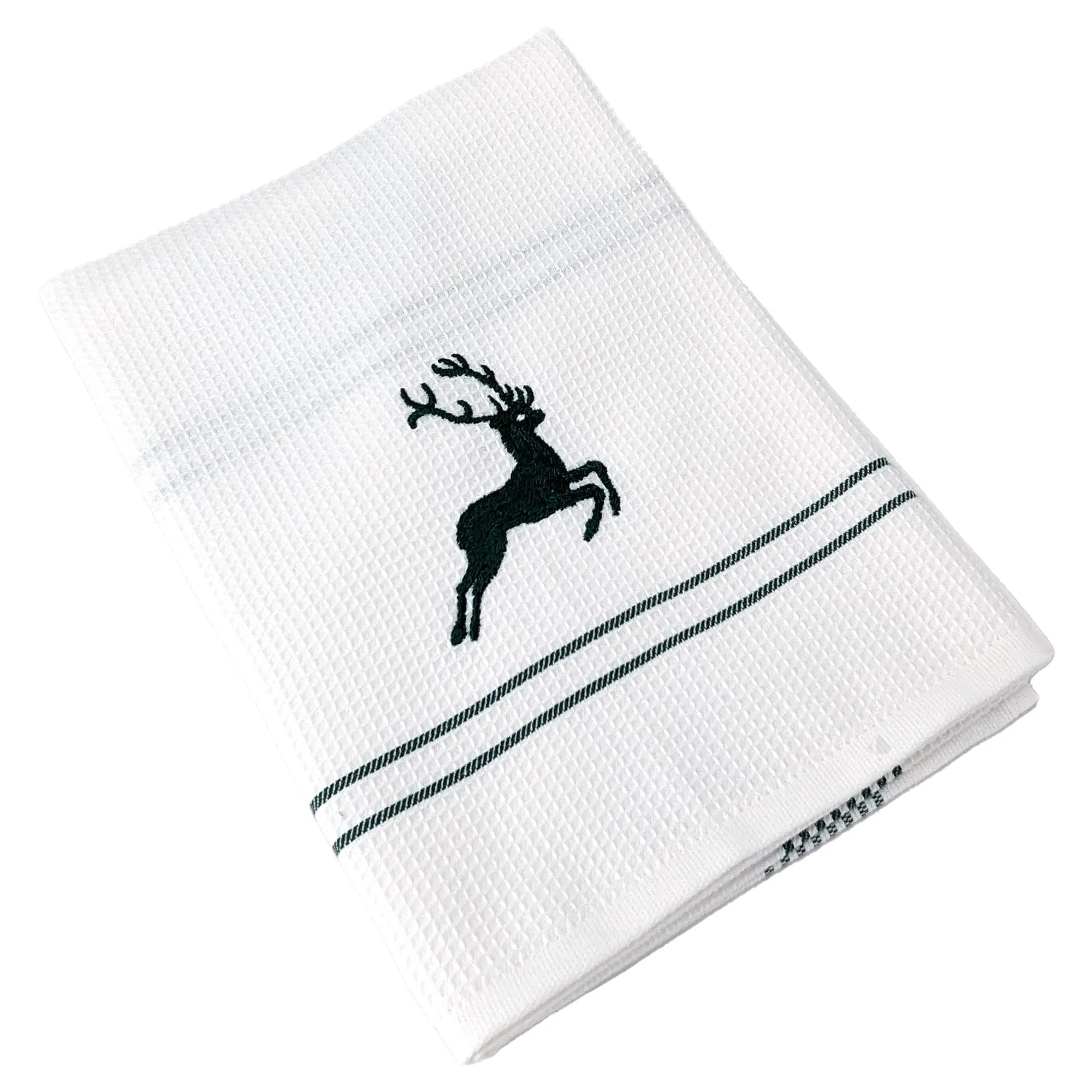 Torchon de cuisine 50x70 cm WAFFLE BRODÉ coton vert broderie cerf