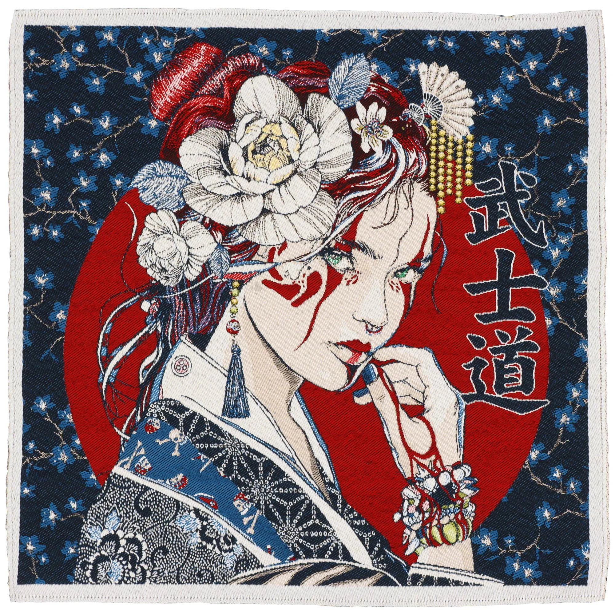 Carré de tissu jacquard polycoton motif japonais GEISHA bleu Encre