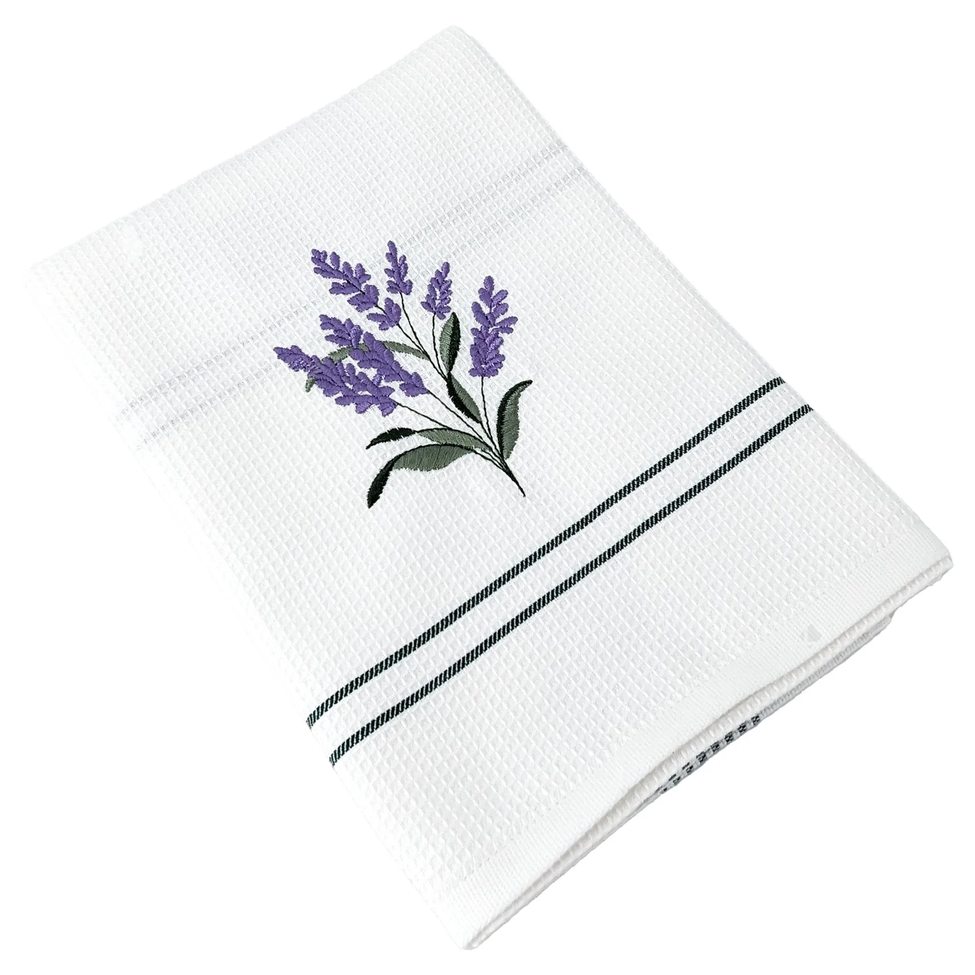 Torchon de cuisine 50x70 cm WAFFLE BRODÉ coton vert broderie lavande