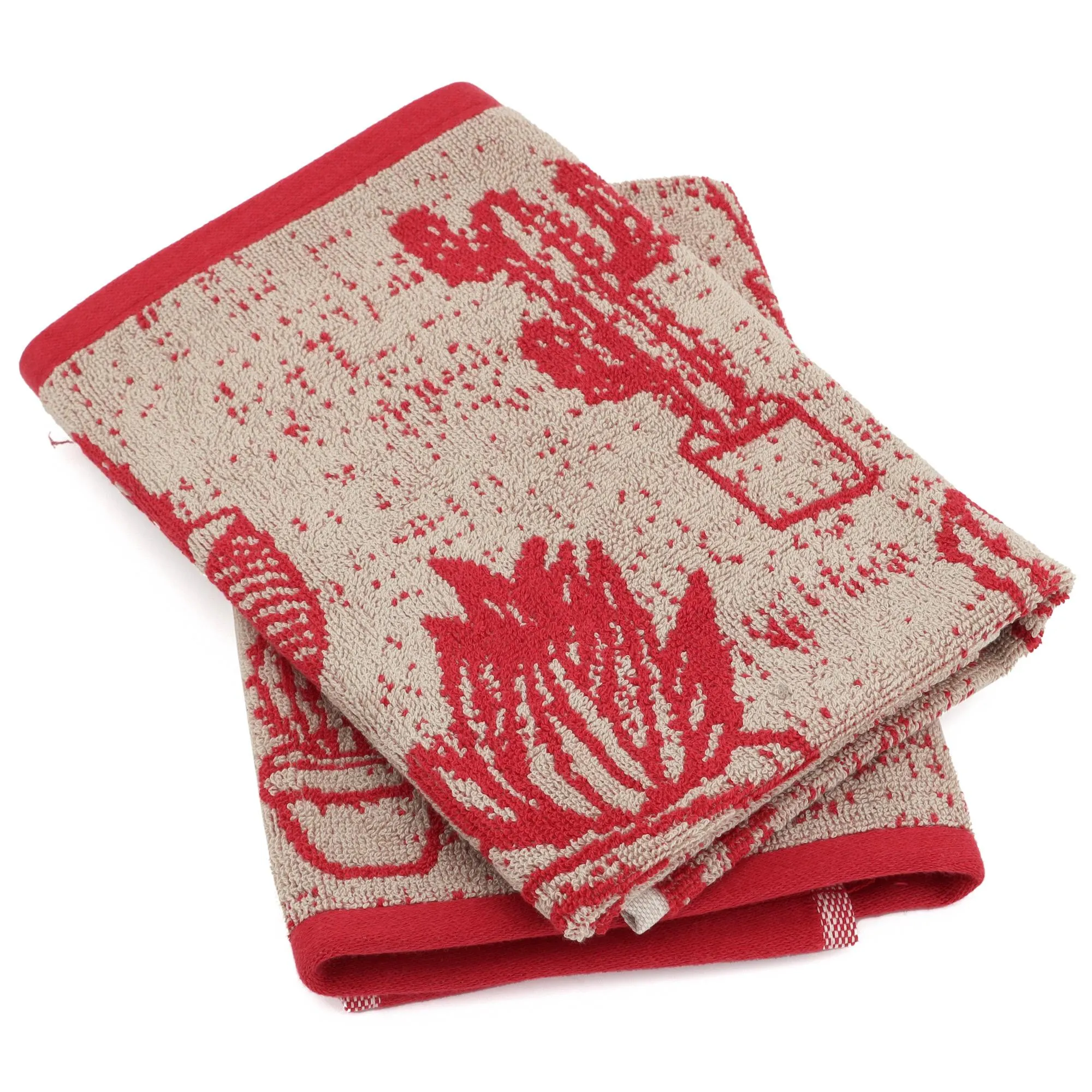 Lot de 2 torchons de cuisine éponge 50x50 cm coton CACTUS rouge