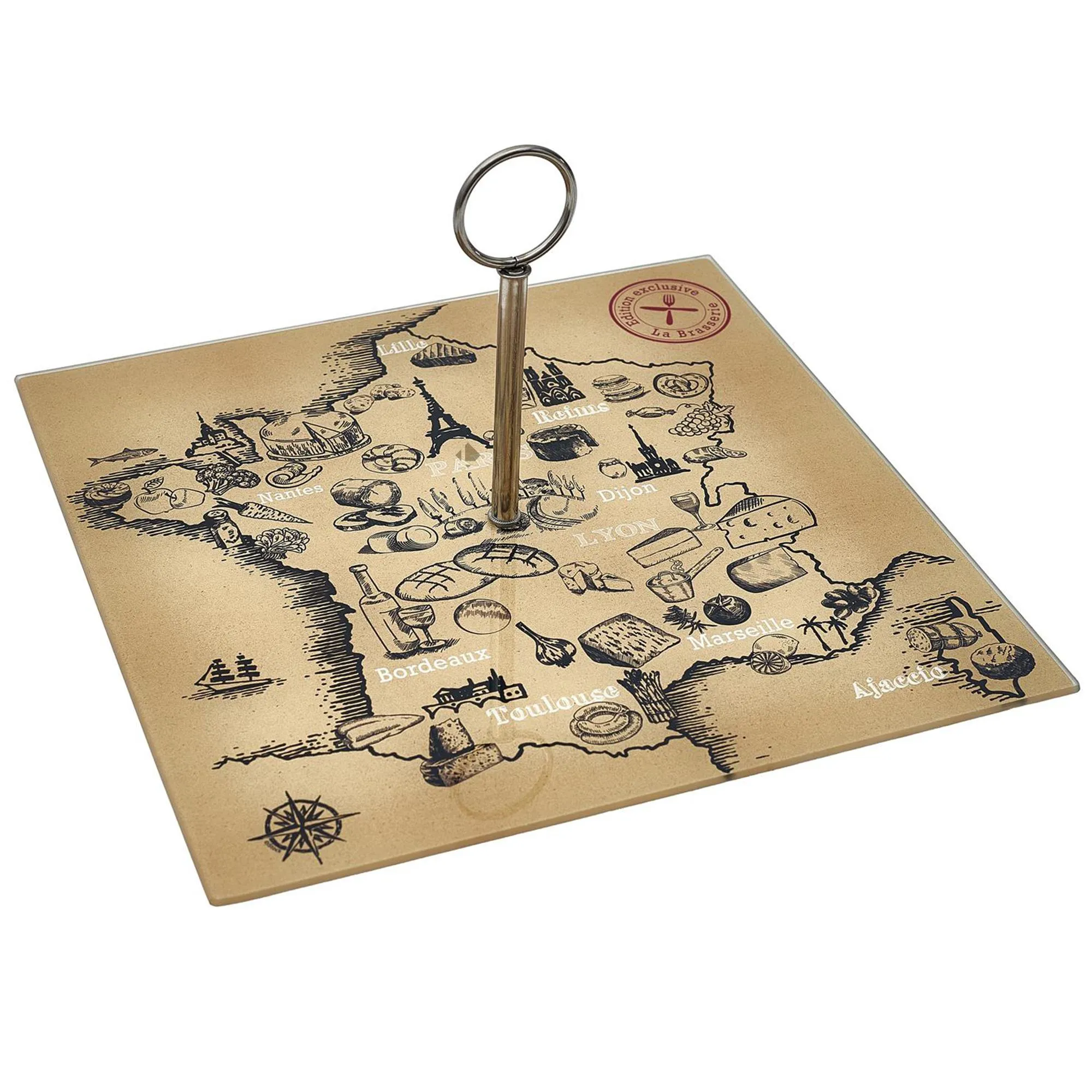 Plateau en verre FRANCE ET FROMAGES forme carte de la France beige et noir