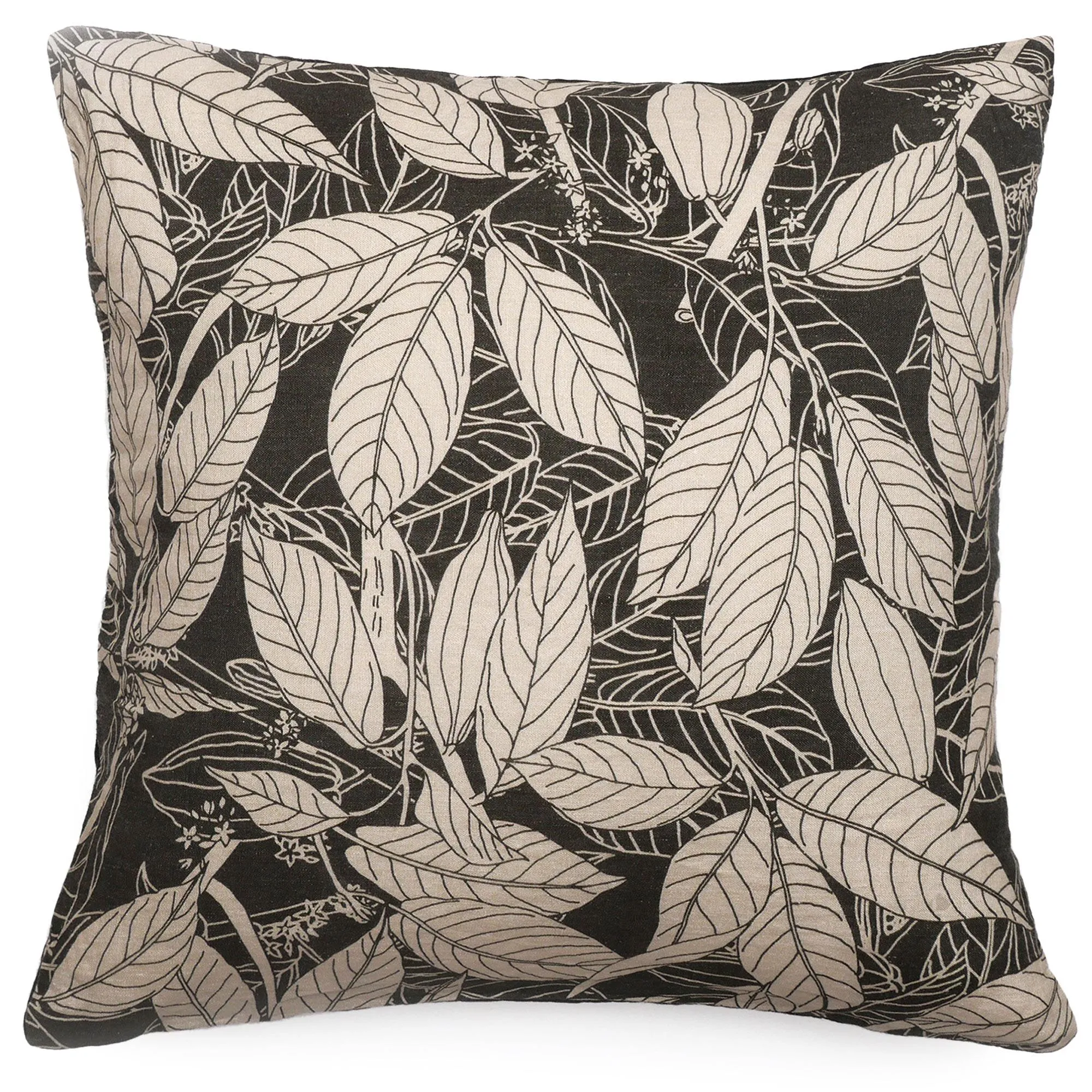 Housse de coussin 45x45 cm lin lavé imprimé végétal HELIOS noir Café