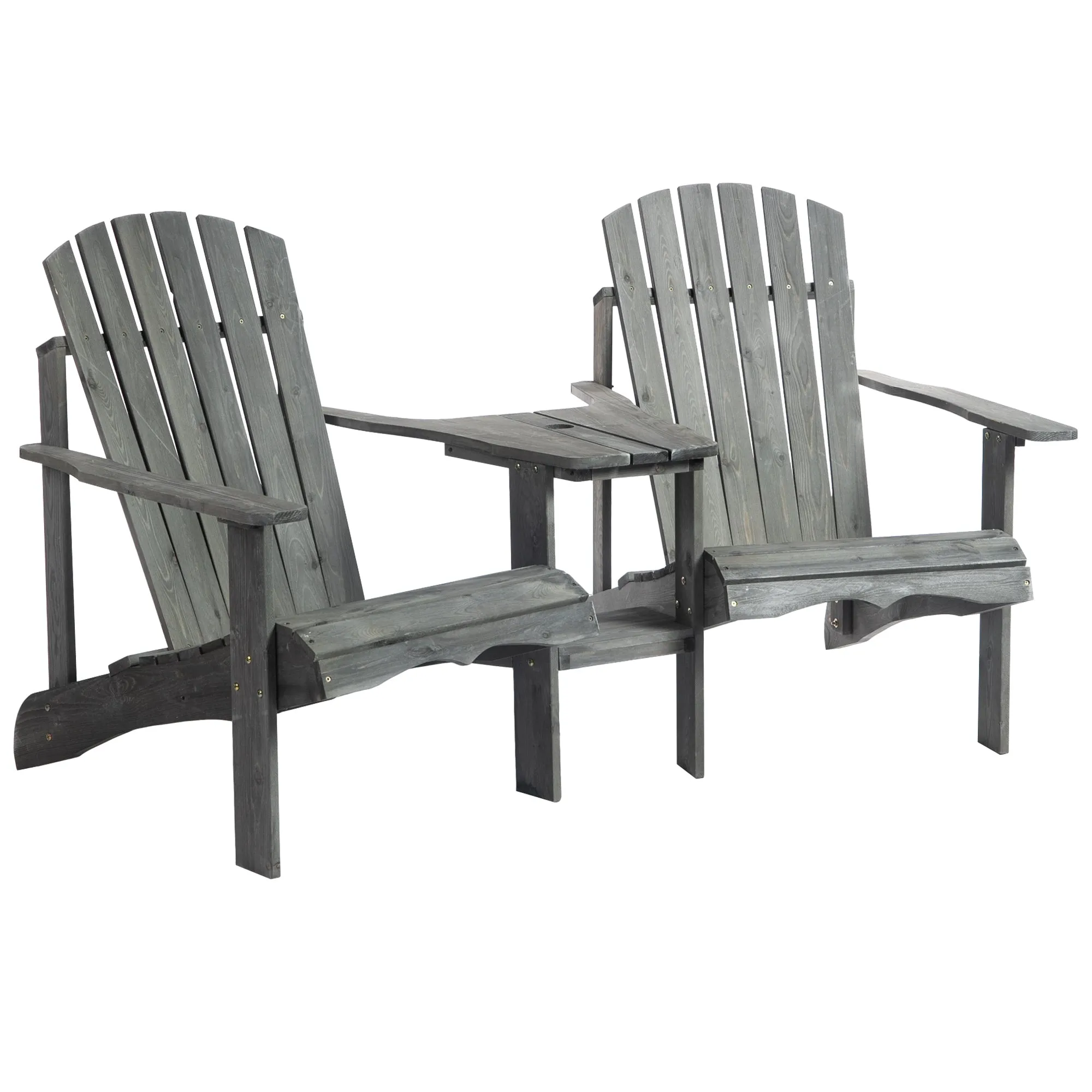 Wooden Outdoor Double Adirondack Chairs Loveseat with Centre Table Umbrella Hole Grey