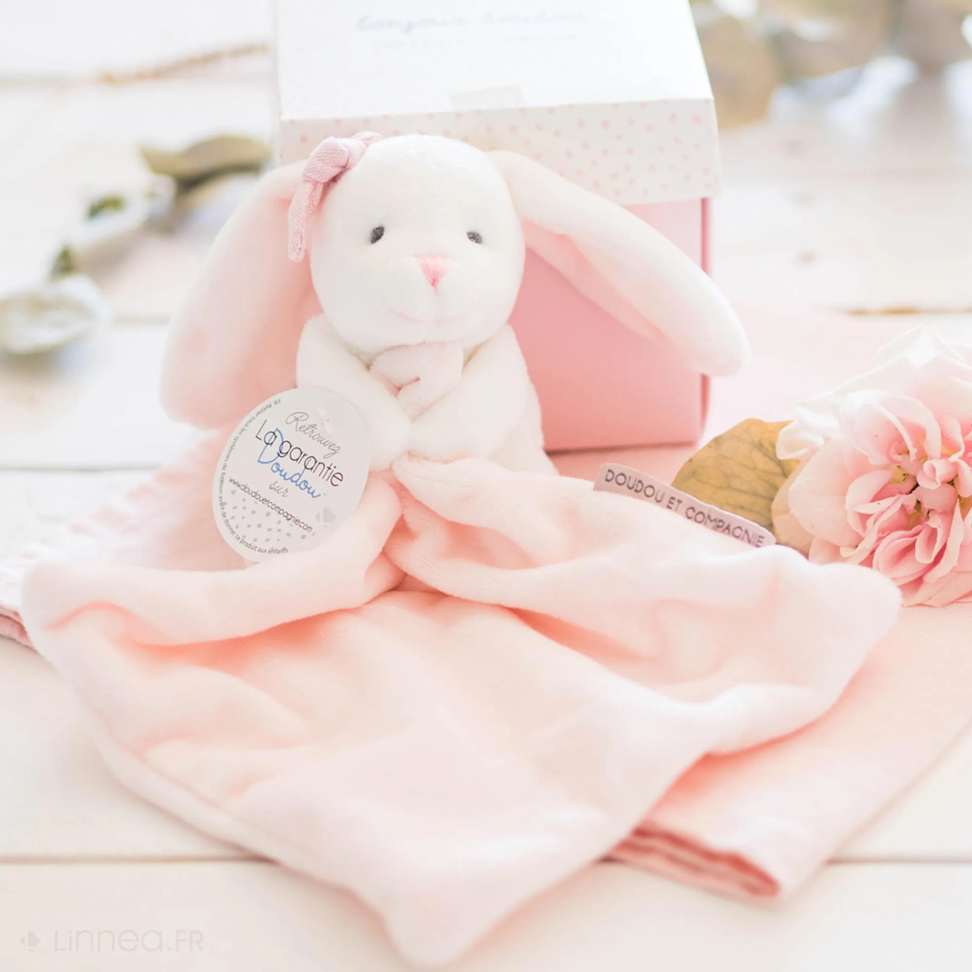 Doudou lapin 10 cm polyester J'AIME MON DOUDOU rose et blanc