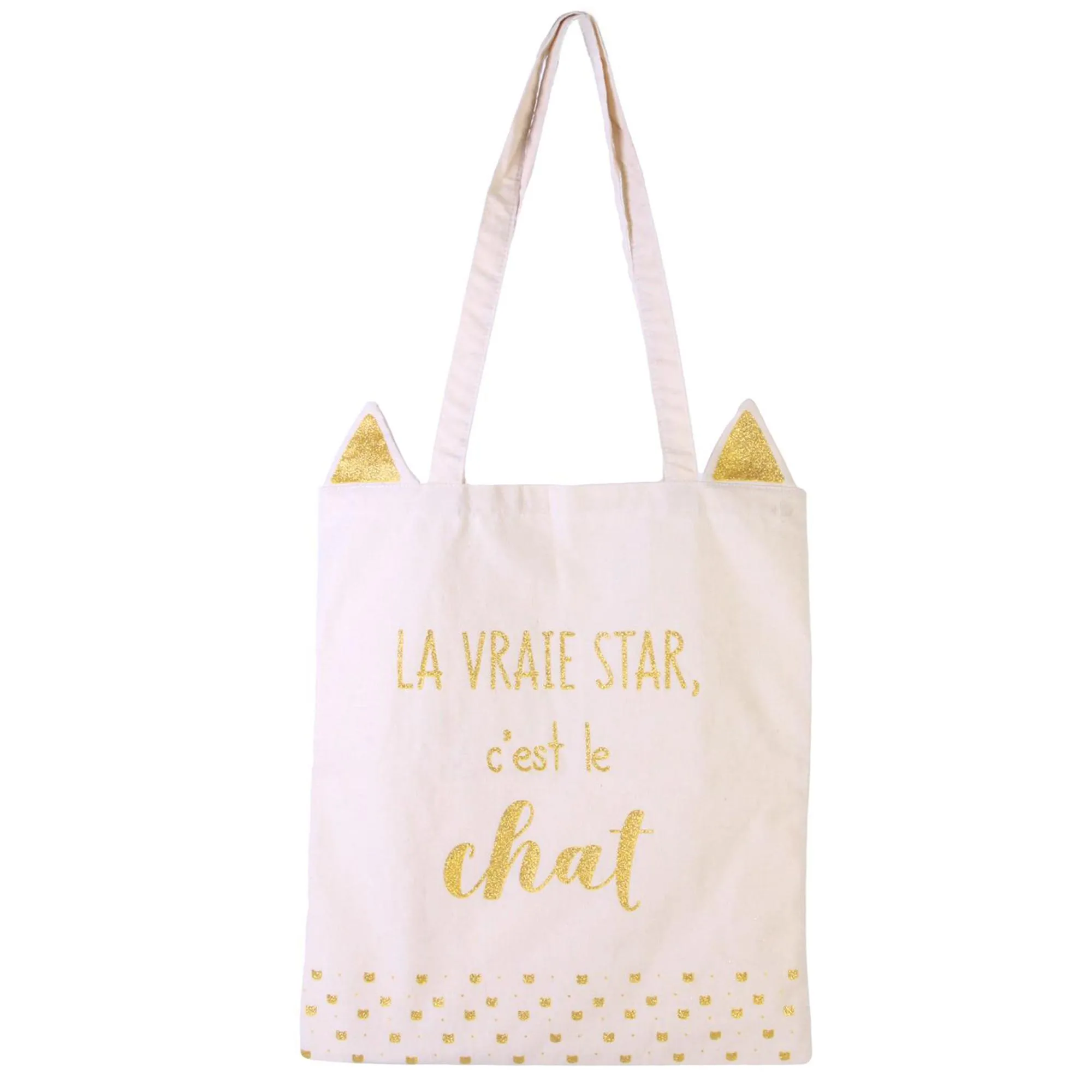 Tote Bag jonc de mer et polyester " la vraie star c'est le chat" collection CAT 36x74 cm blanc