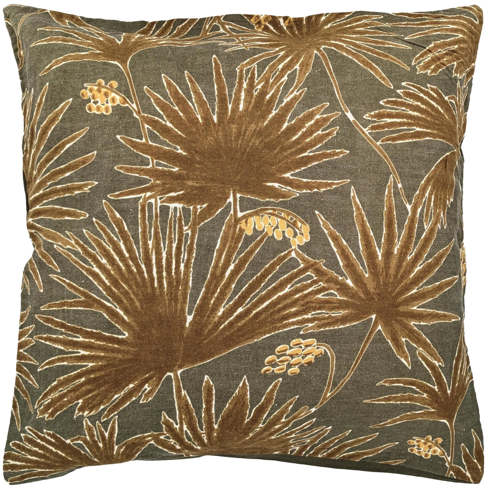 Housse de coussin 45x45 cm lin lavé motif végétal PALAWAN vert Kaki