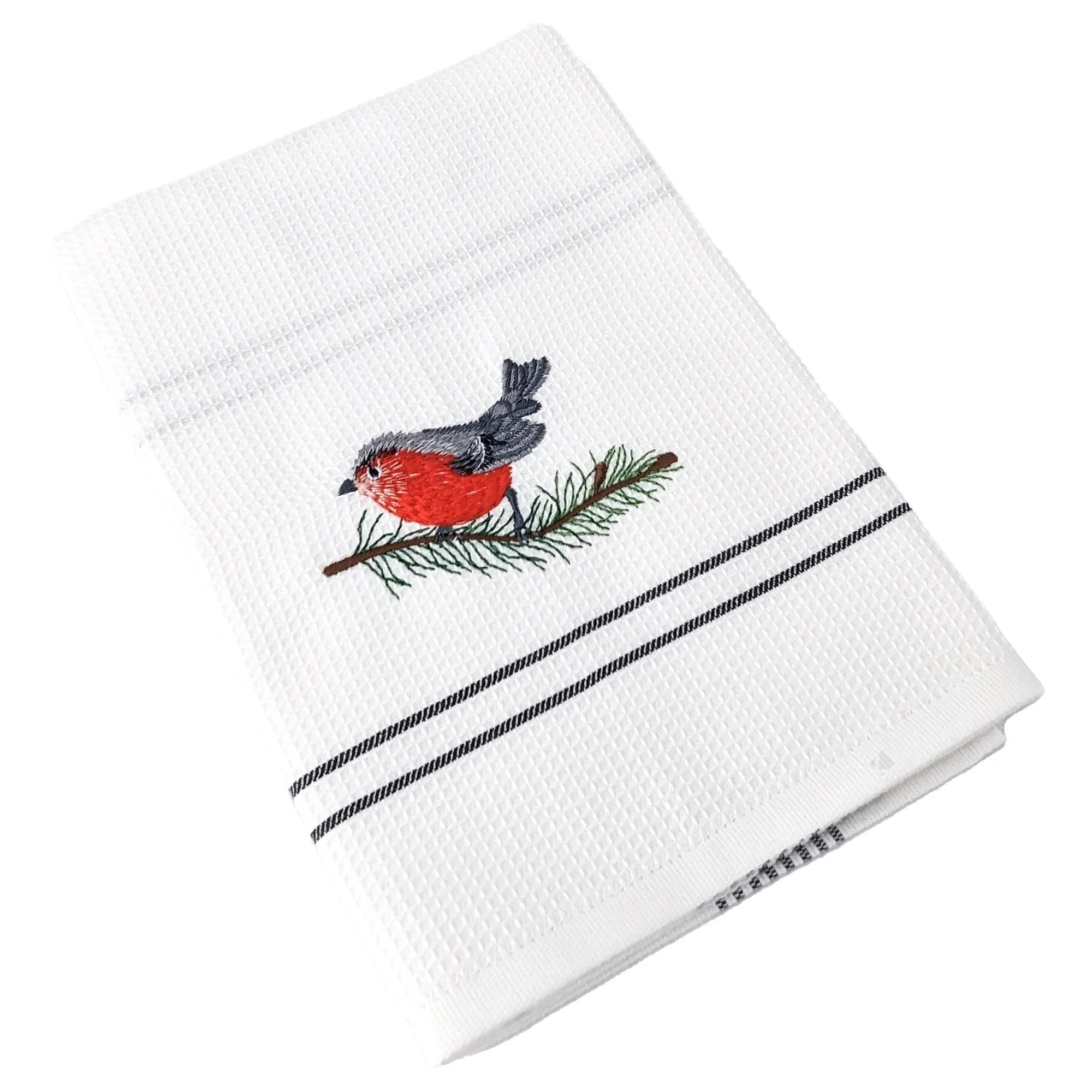 Torchon de cuisine 50x70 cm WAFFLE BRODÉ coton gris broderie merle