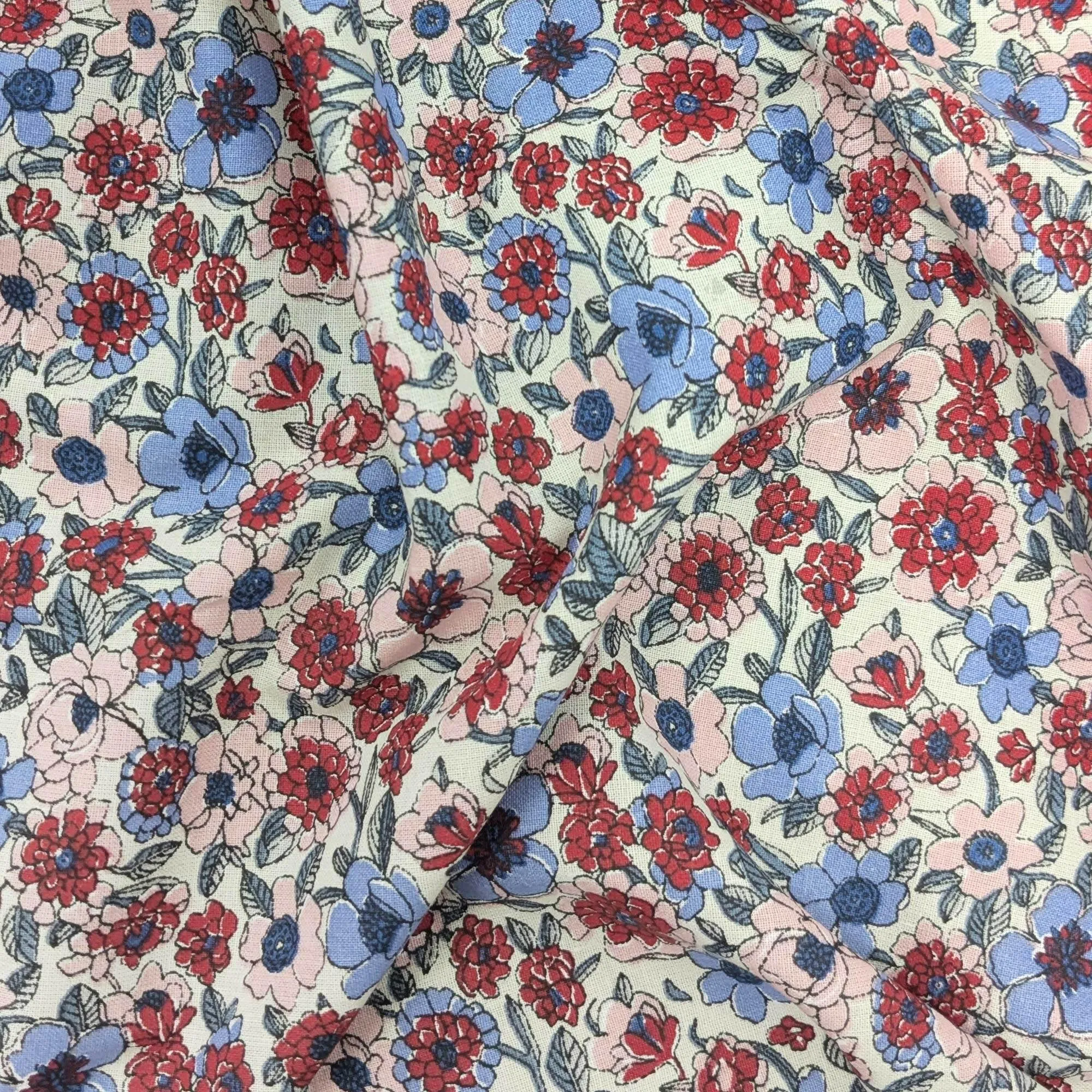 Tissu percale imprimee BOVARY motif floral pur coton bordeaux