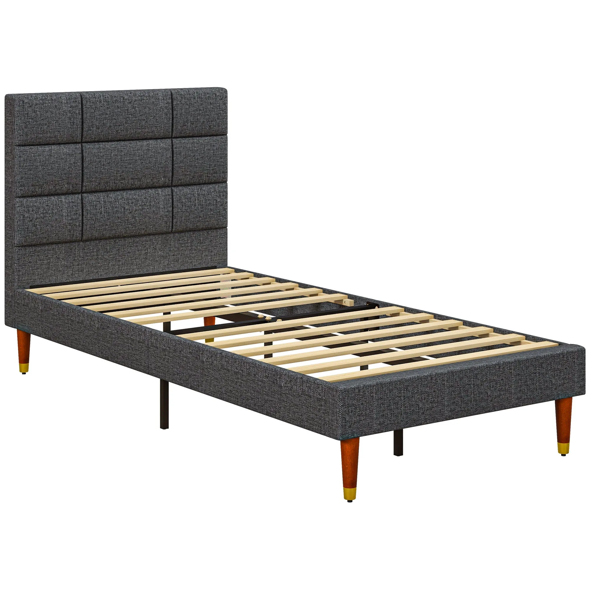 Upholstered Single Bed Frame with Slats Grey
