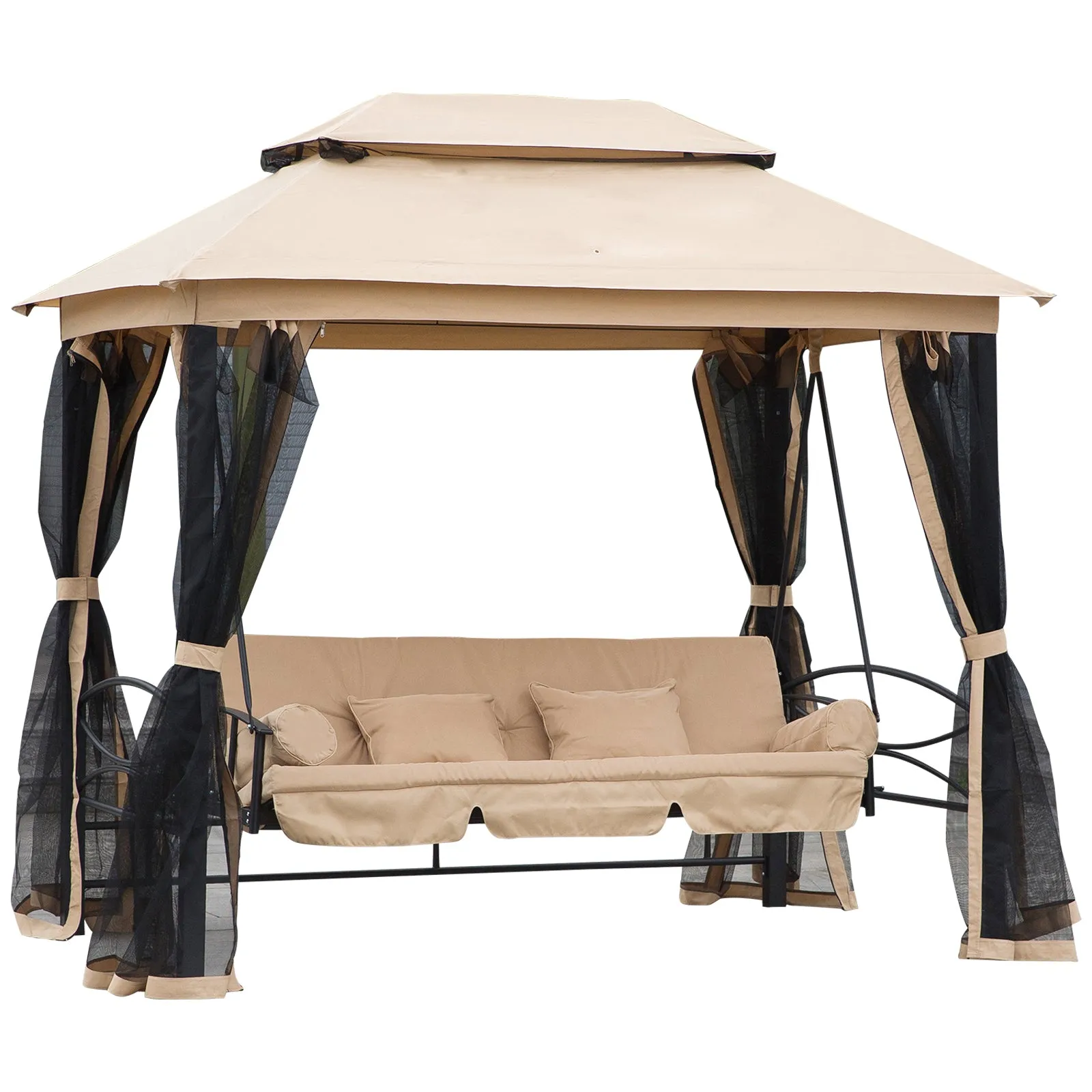 3 Seater Swing Chair 3-in-1 Convertible Garden Swing Seat Bed Gazebo Patio Bench Outdoor with Double Tier Canopy, Cushioned Seat, Mesh Sidewalls, Beige