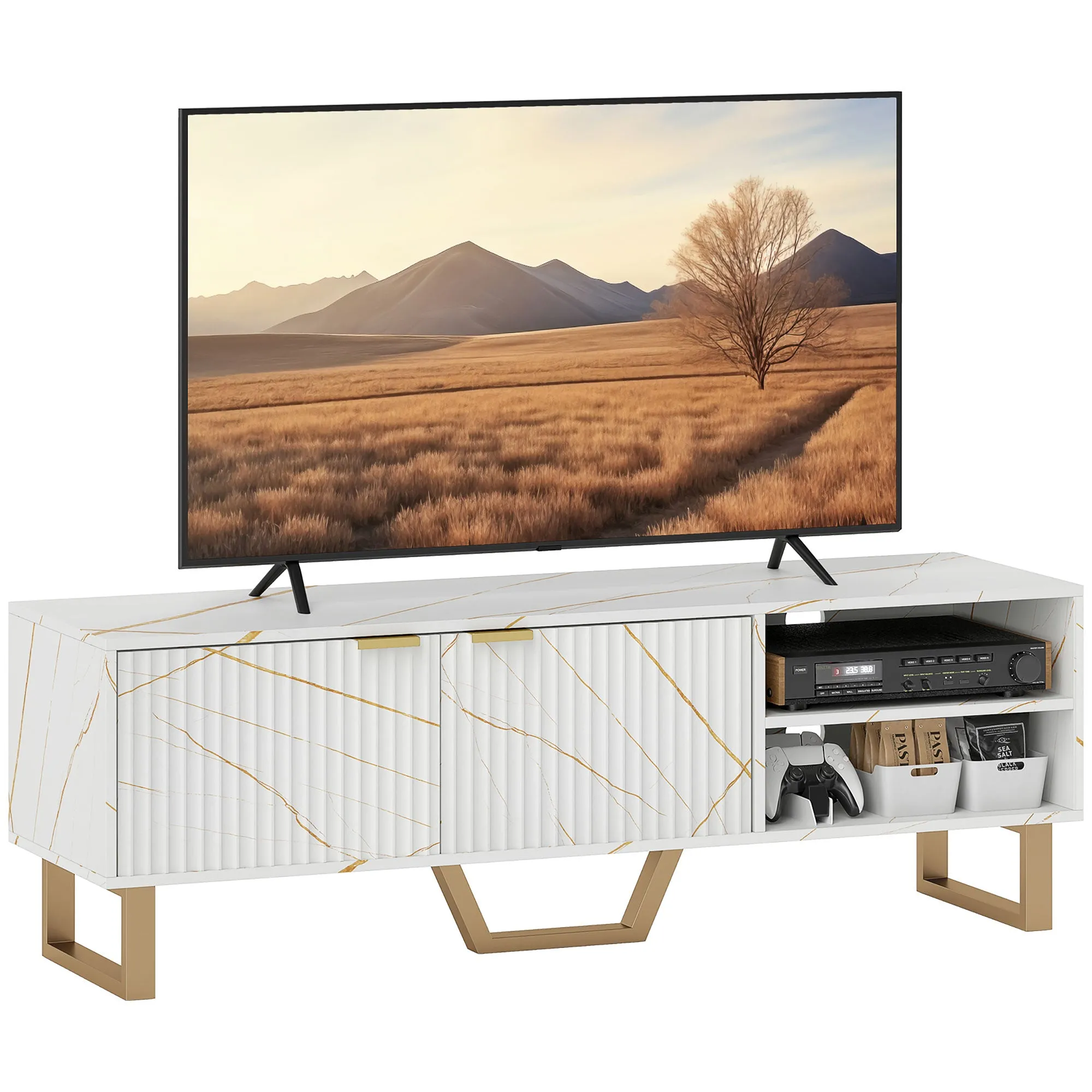 White Marble Effect TV Unit, TV Stand Cabinet for up to 70" TVs, Modern Cabinet with Shelves, Storage Cupboard, Fluted Door, Extra Centre Leg, Cable Management for Living Room