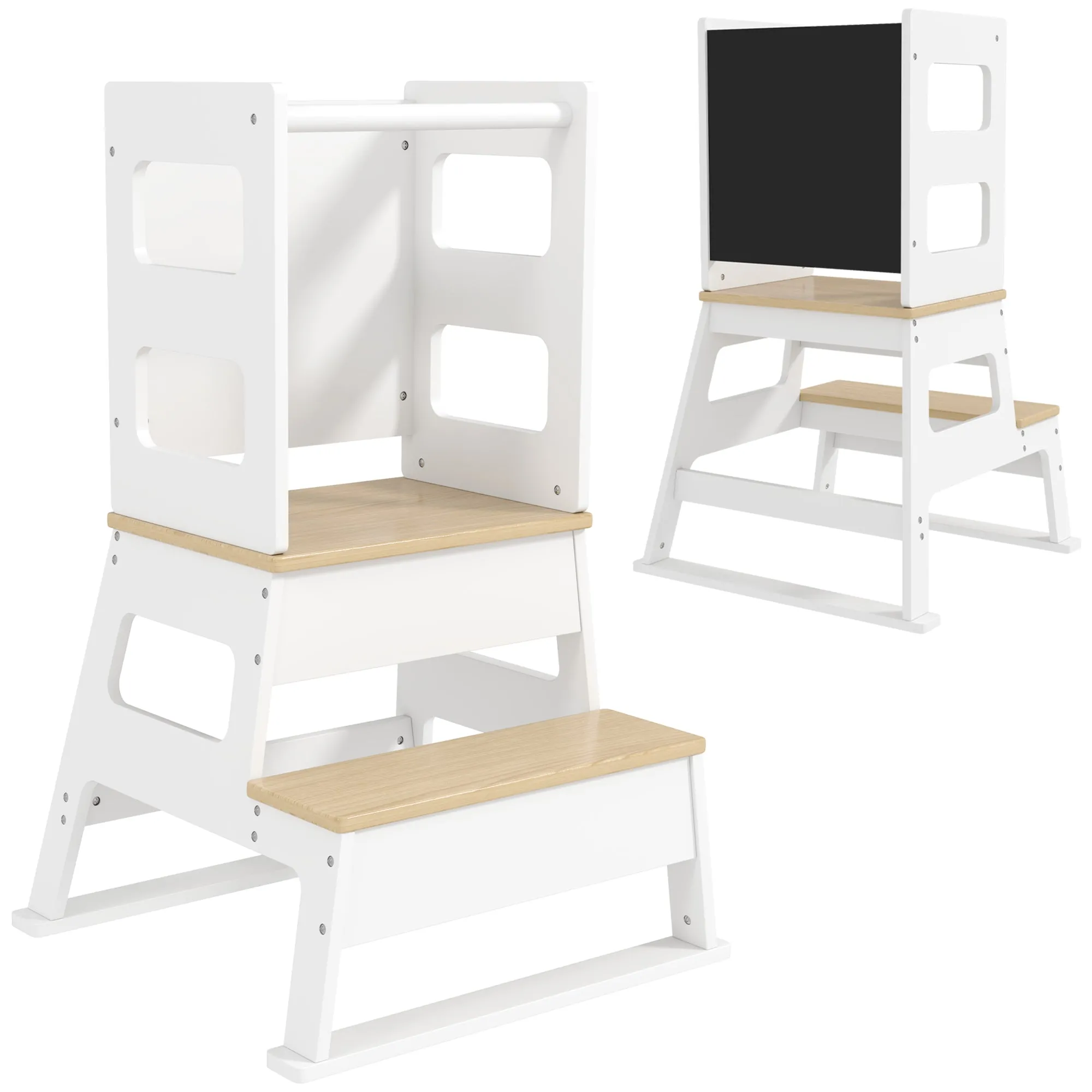 2 in 1 Toddler Tower with Chalkboard, Safety Rail for Kitchen, Counter, Bathroom, Sink, White