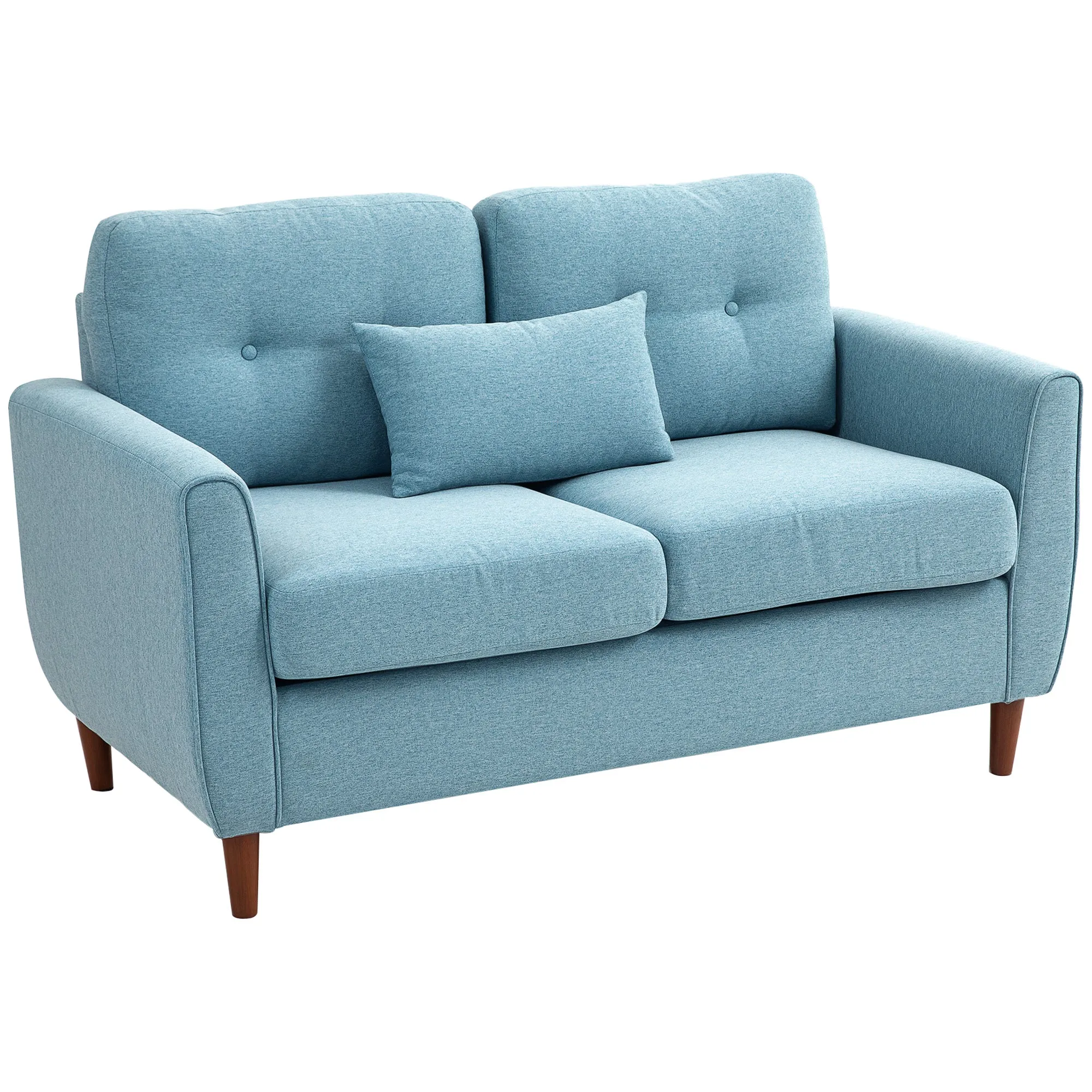 2 Seater Sofa with Spring Cushion Fabric Sofa Wooden Legs Modern Love Seat for Living Room 140cm Width Tufted Couch for Bedroom, Light Blue