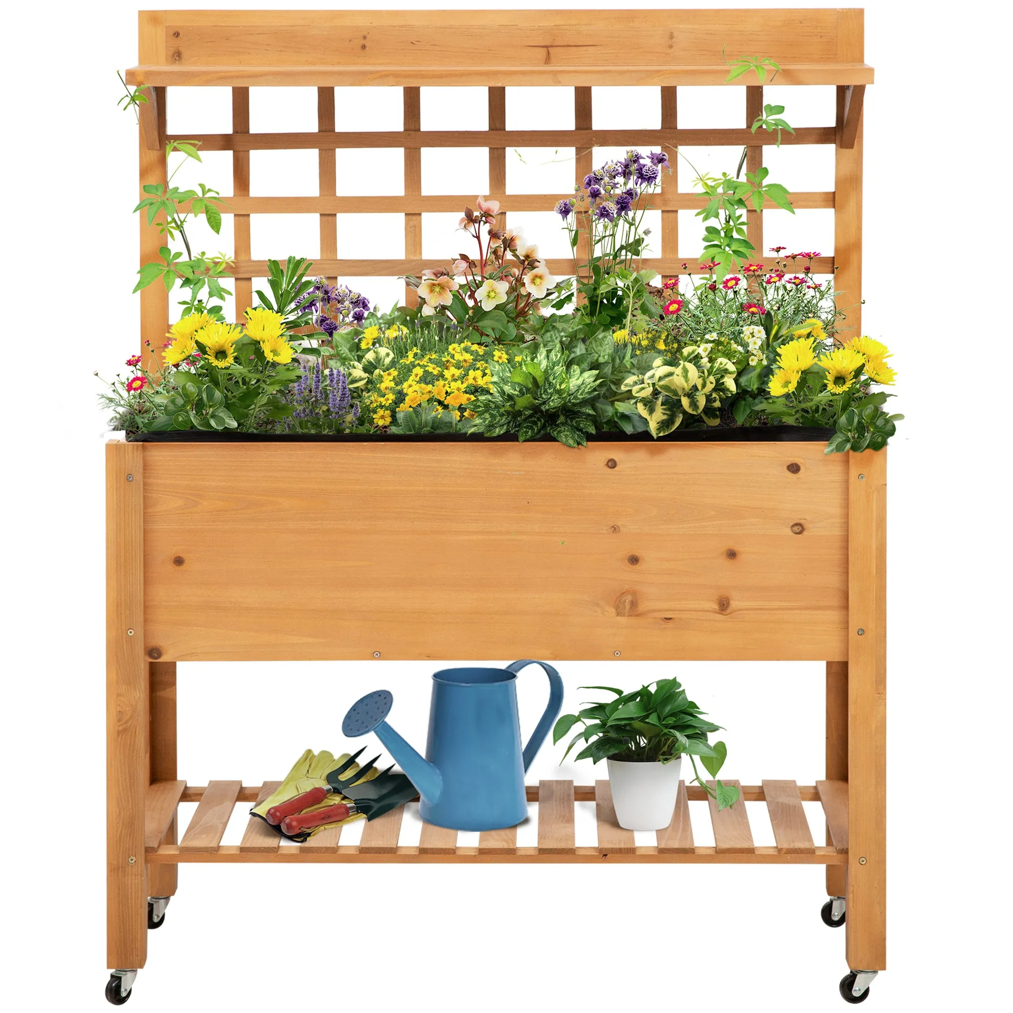 Wooden Elevated Garden Bed Planter Raised with 2 Shelves for Vegetables Flowers