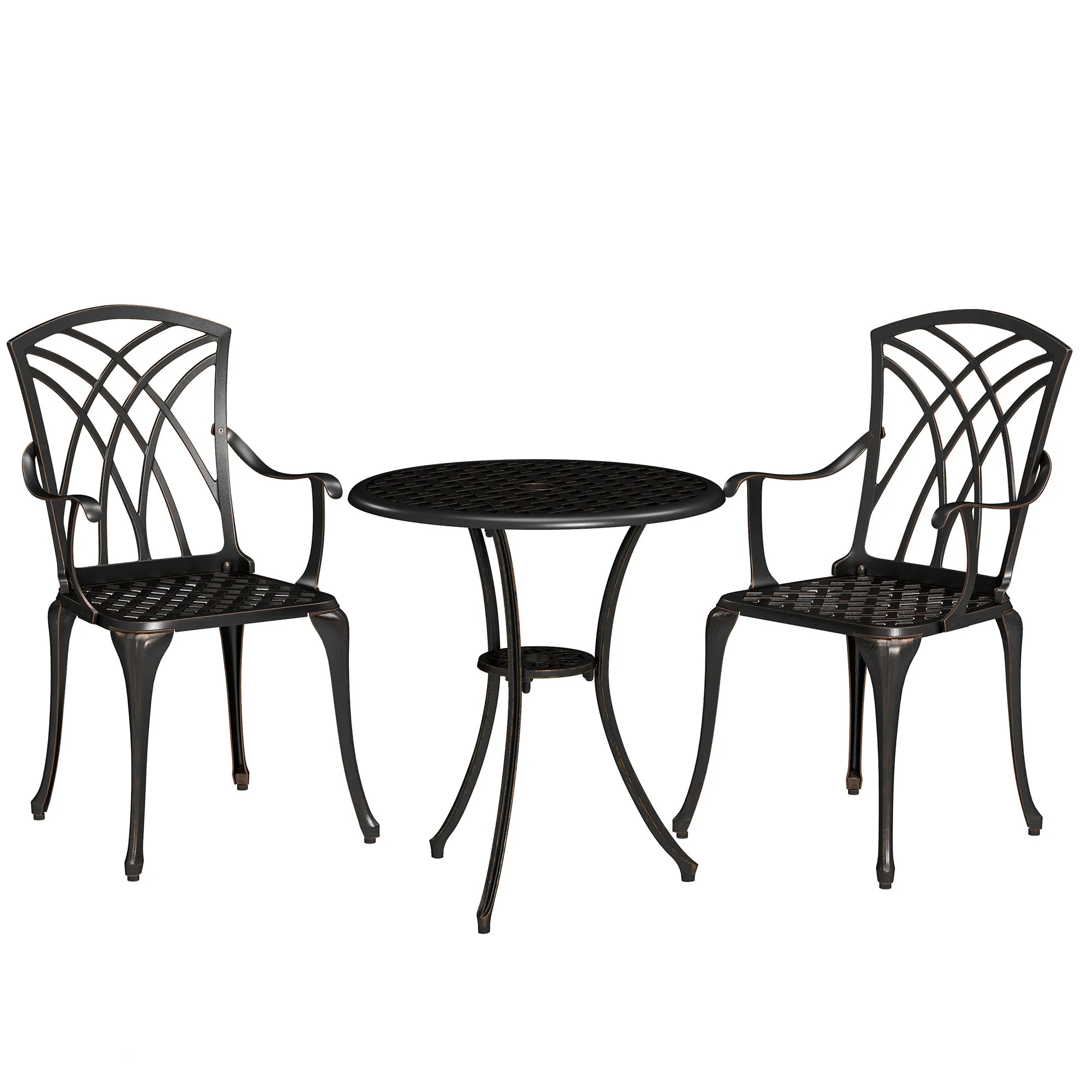 3 Pieces Cast Aluminium Garden Dining Set for 2 2 Armchairs Round Dining Table with Parasol Hole Bronze Tone
