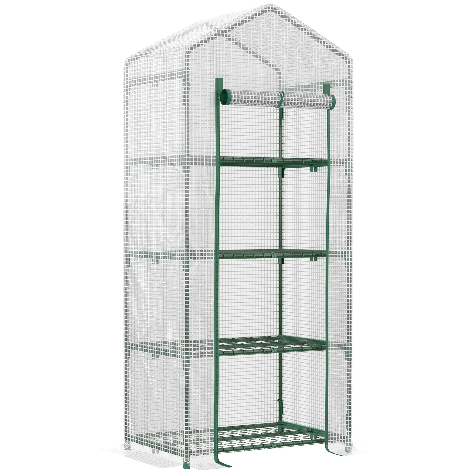 4 Tier Mini Greenhouse 70 x 50 x 160 cm White Portable Compact with Steel Frame PE Cover Roll-up Door