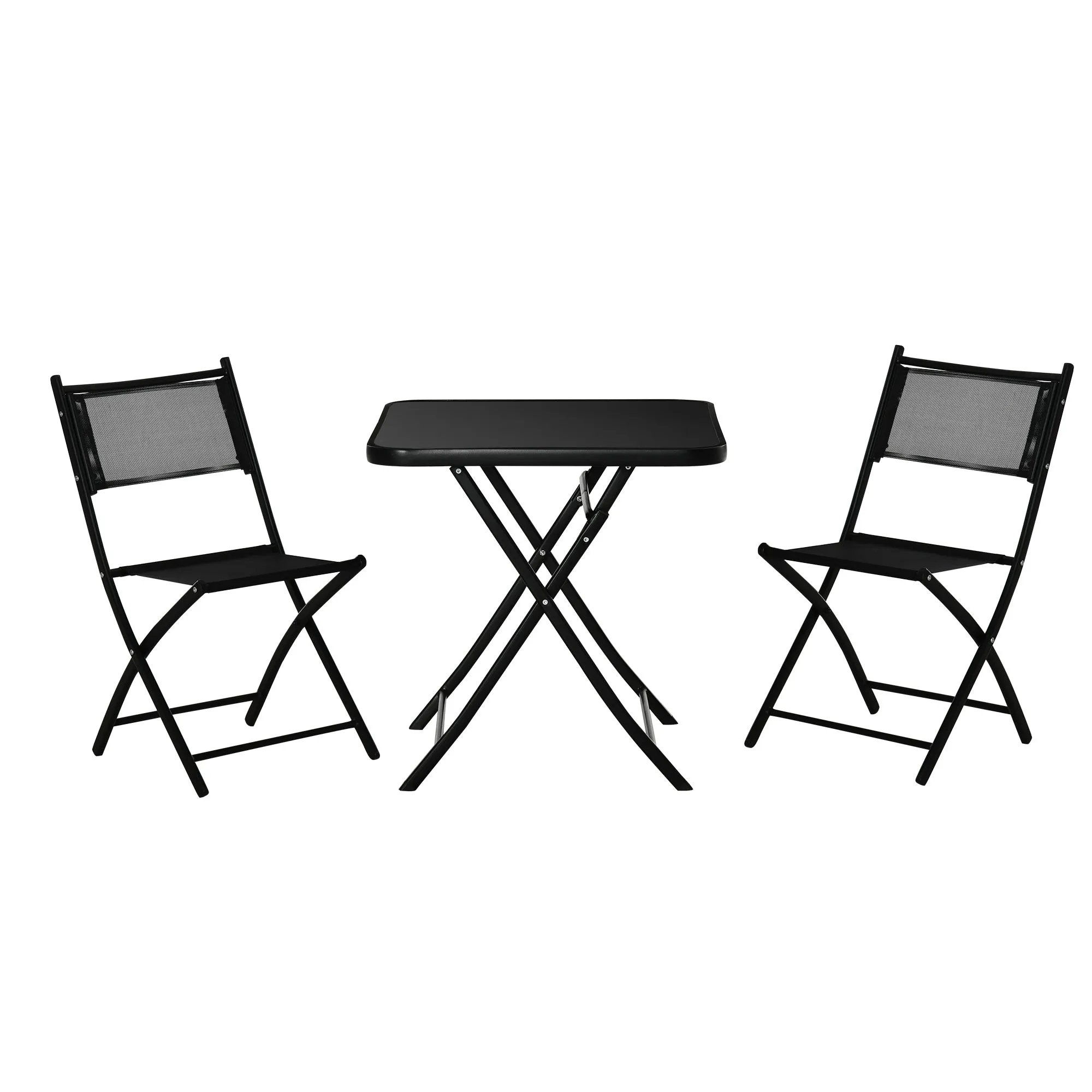 3 Pieces Garden Bistro Set Folding Patio Table with Glass Table Top 2 Chairs Black