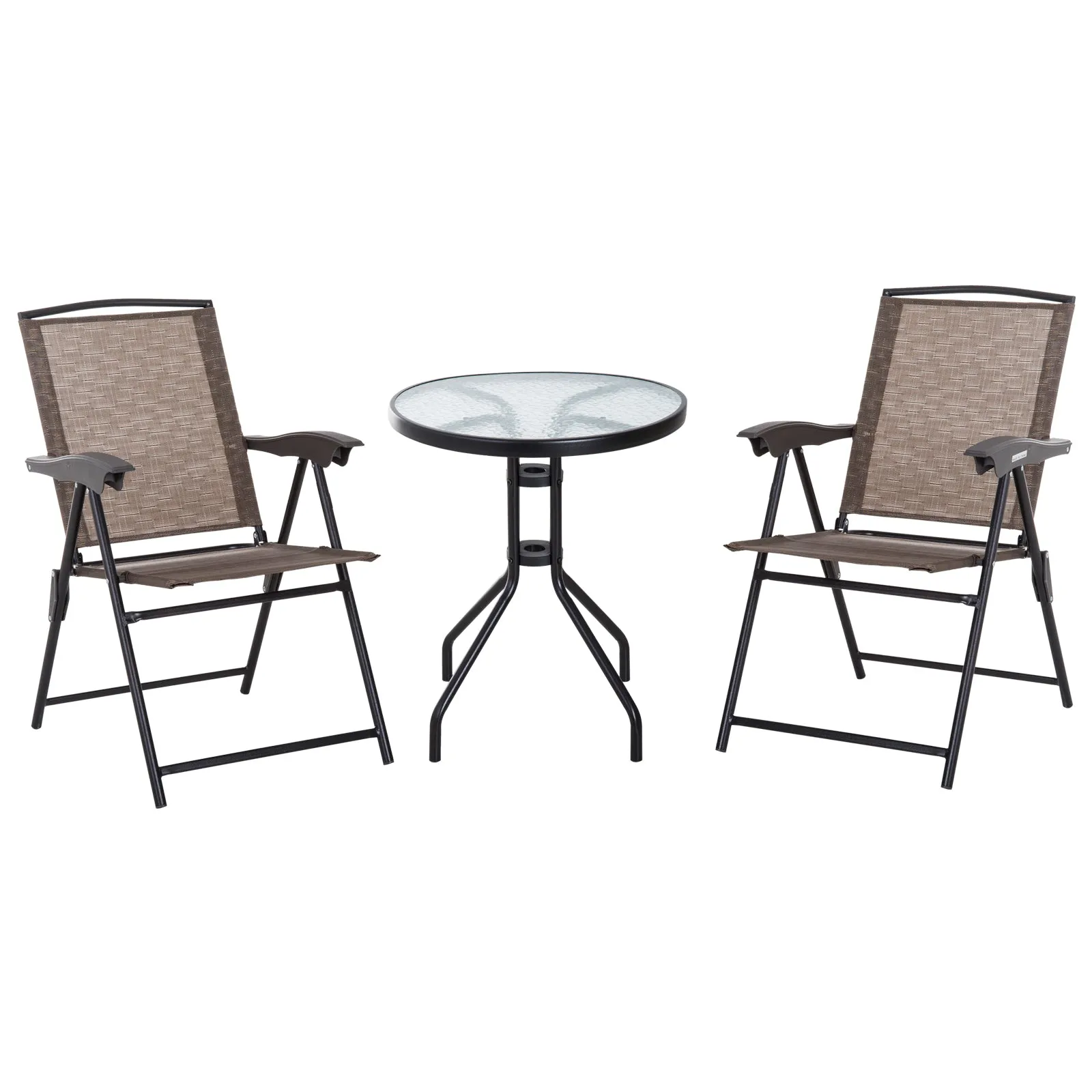 3 Piece Outdoor Bistro Set Patio Conversation Furniture Set 2 Folding Armchairs Glass Top Coffee Table Brown