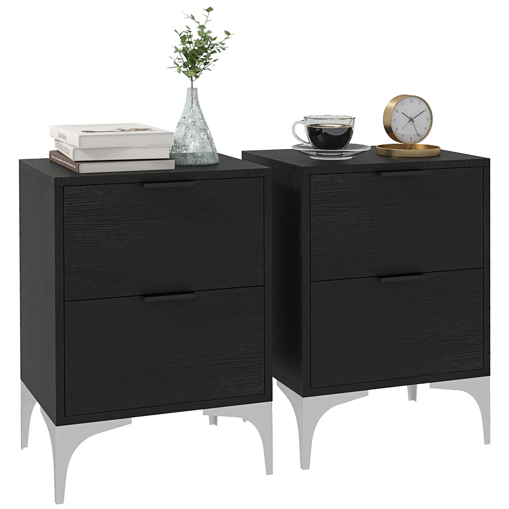 Wood Effect Bedside Tables Set of Two with Silver Tone Steel Base, Black