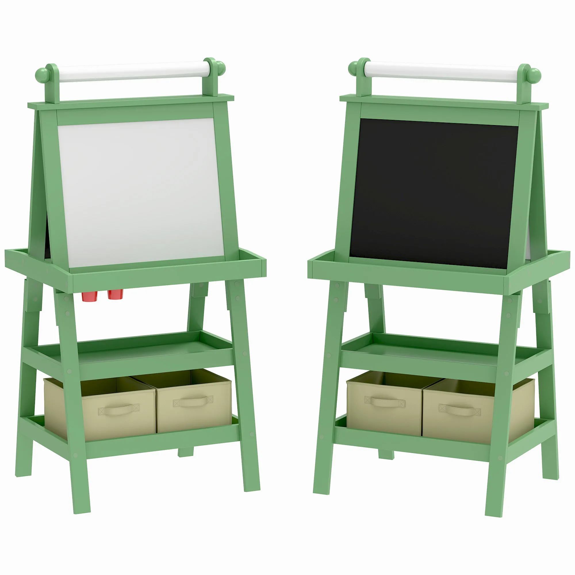 3 in 1 Kids Easel Double-Sided Magnetic Whiteboard and Chalkboard with Paper Roll, Storage Baskets - Green