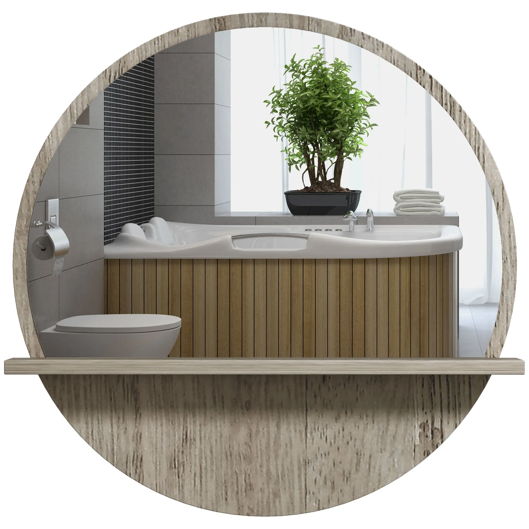 Wall Mounted 45cm Round Home Mirror with Shelf Grey Wood-Effect