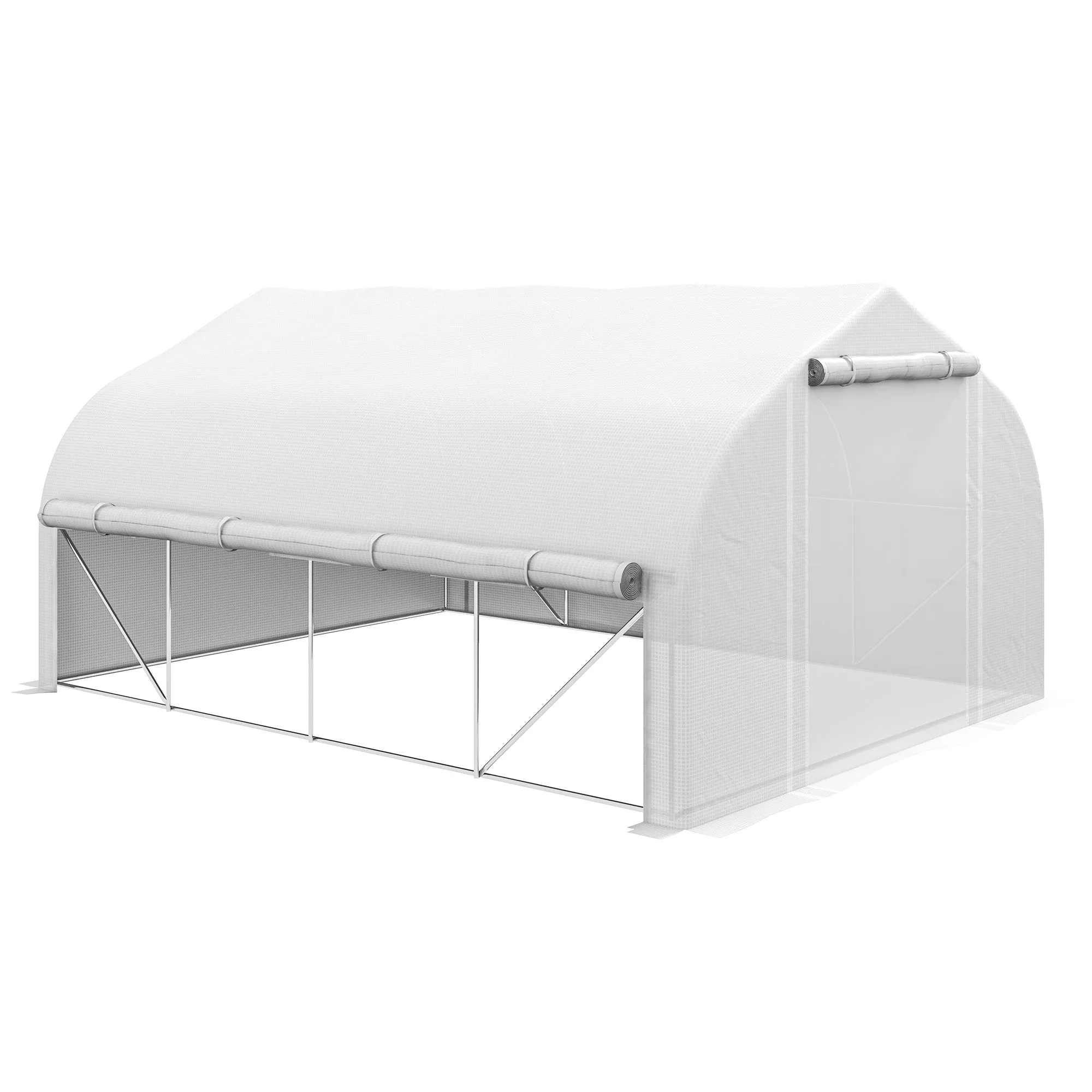 Walk-in Polytunnel Greenhouse 4 x 3m White Tunnel Warm House Tent with Zipped Roll Up Sidewalls Mesh Door 8 Mesh Windows PE Cover