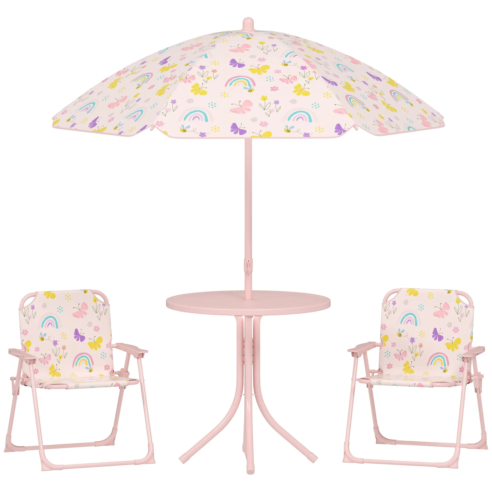 4 Piece Kids Garden Table and Chair Set with Adjustable Parasol, Folding Chairs, Table, Rainbow Pattern, Pink