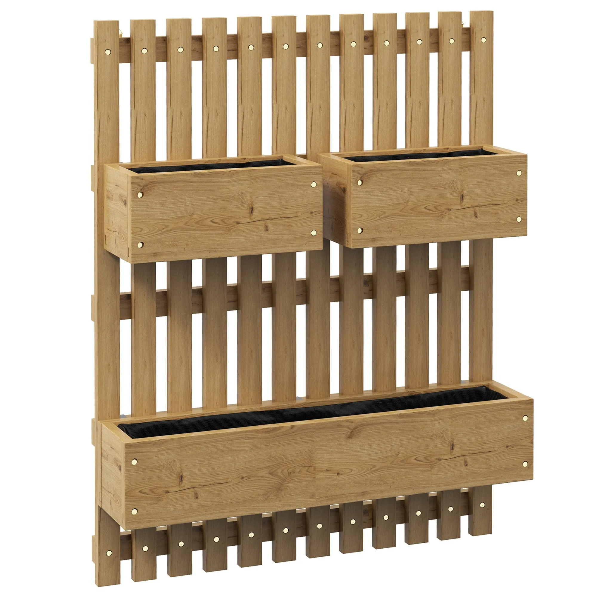 Wooden Garden Planters Carbonised Wall-mounted with Trellis Drainage Holes 3 Planter Boxes for Patio