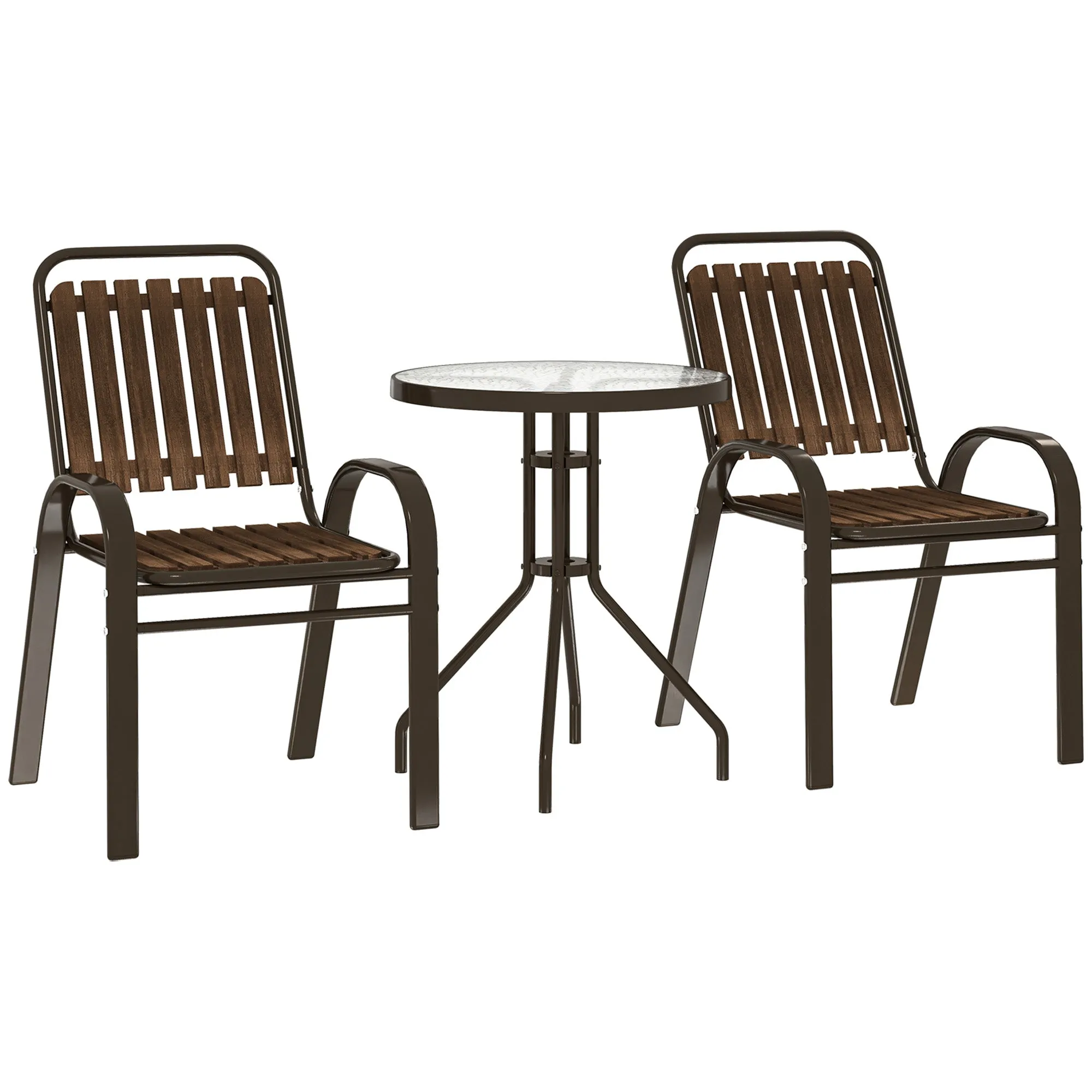3 Pieces Patio Bistro Set with Stackable Chairs Tempered Glass Table Dark Brown