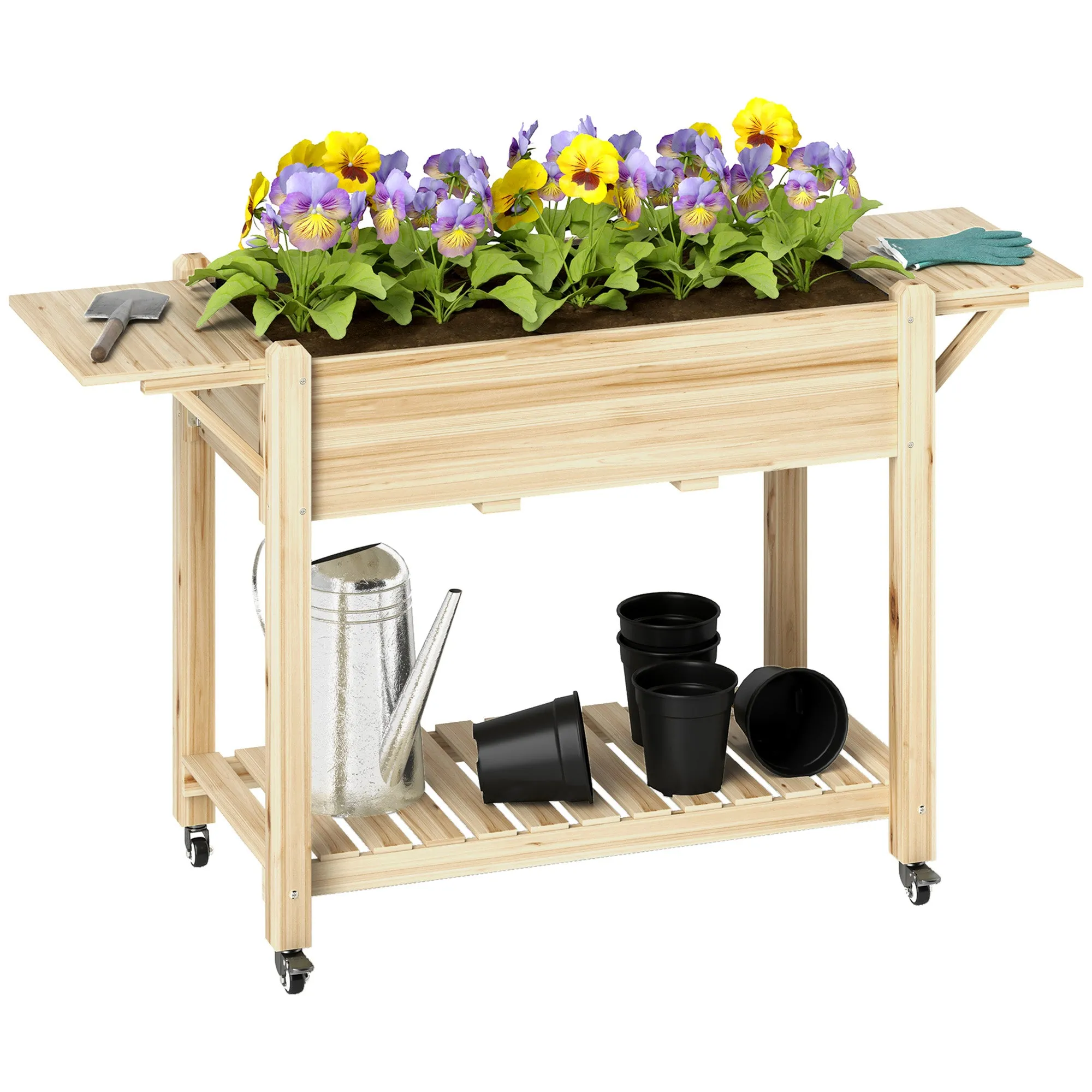 Wooden Raised Planter Natural Finish 46 x 94cm with Shelves