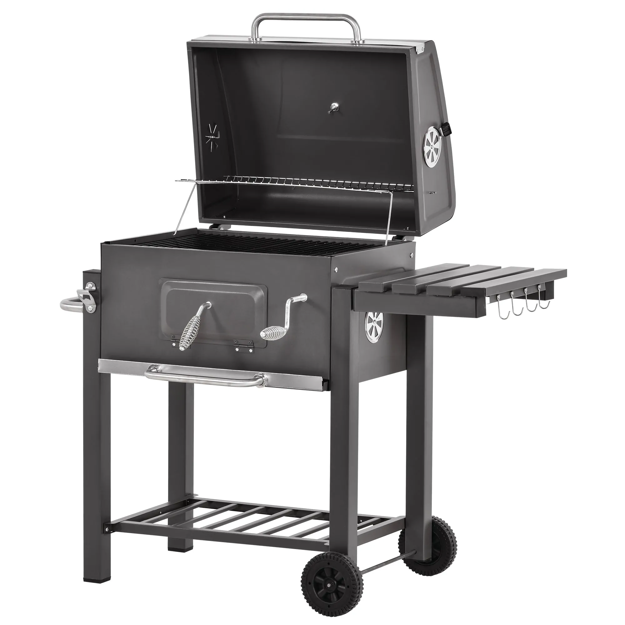 Charcoal Grill BBQ Trolley Metal Smoker Barbecue with Adjustable Charcoal Grate, Shelf, Side Table, Wheels, Built-in Thermometer, Bottle Opener for Garden