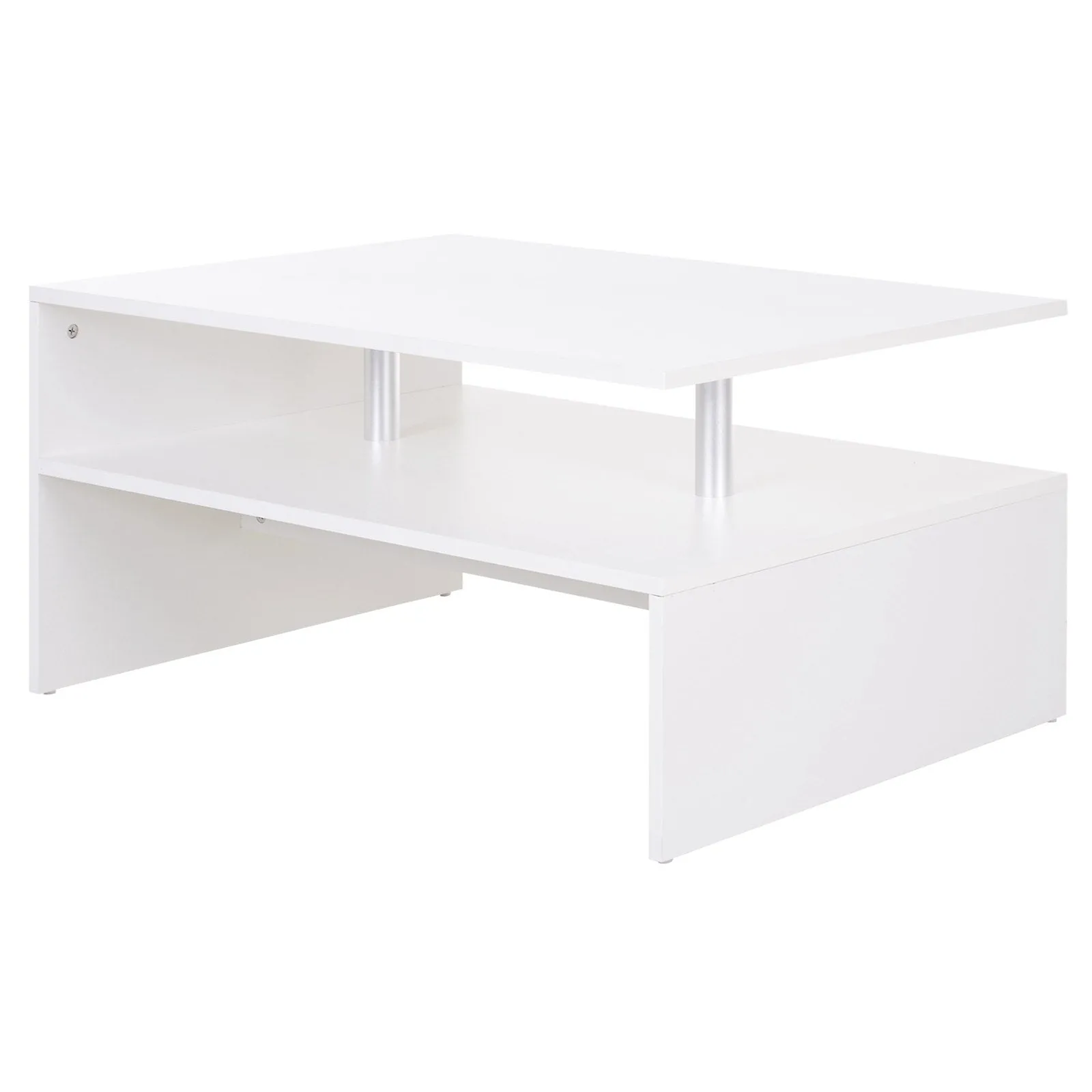 White Coffee Table 2-Tier Centre Table with Storage Modern Living Room Table with Open Shelf and Aluminium Poles