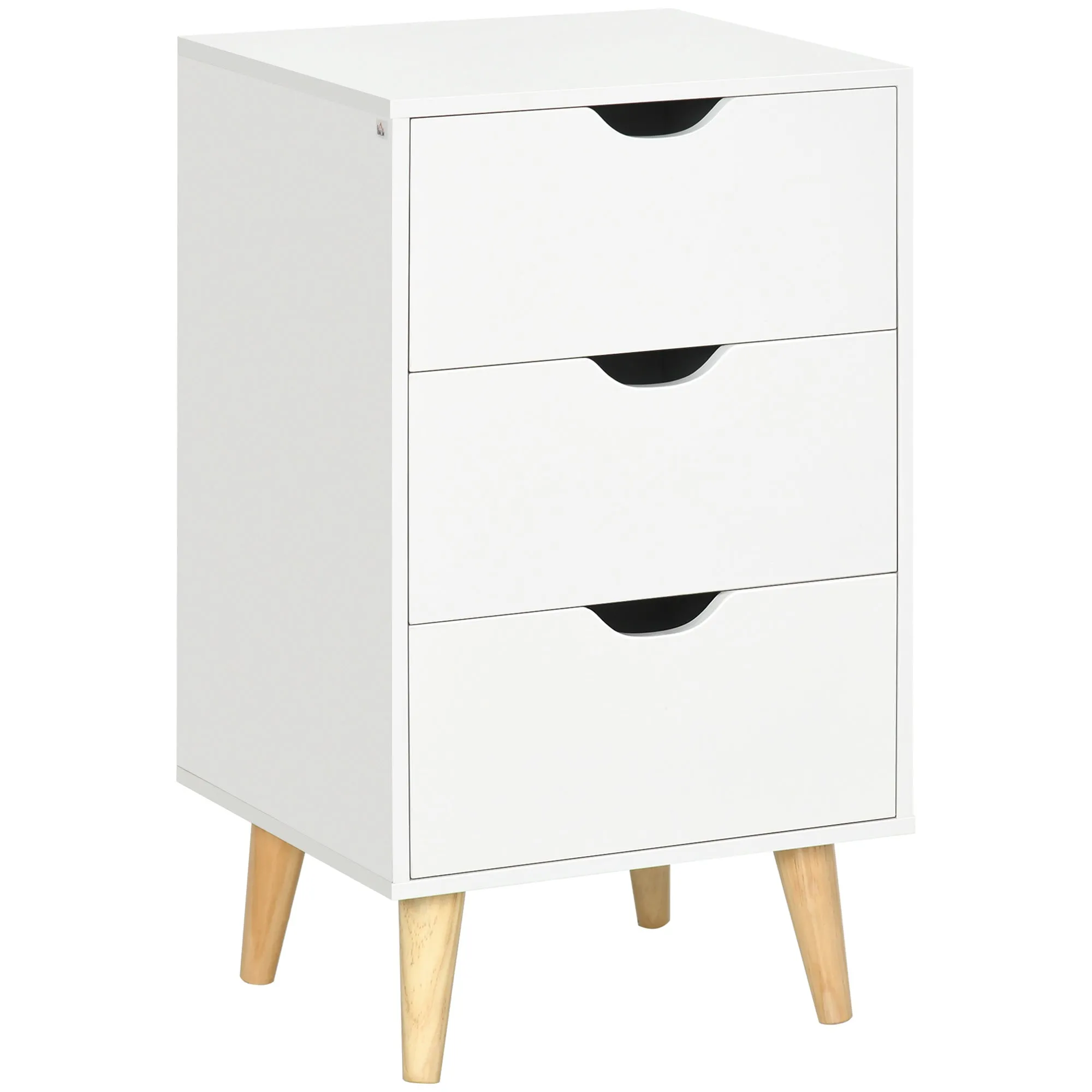 Bedside Table White Bedside Cabinet with 3 Drawers Small Side Table with Wood Legs and Cut-out Handles for Bedroom
