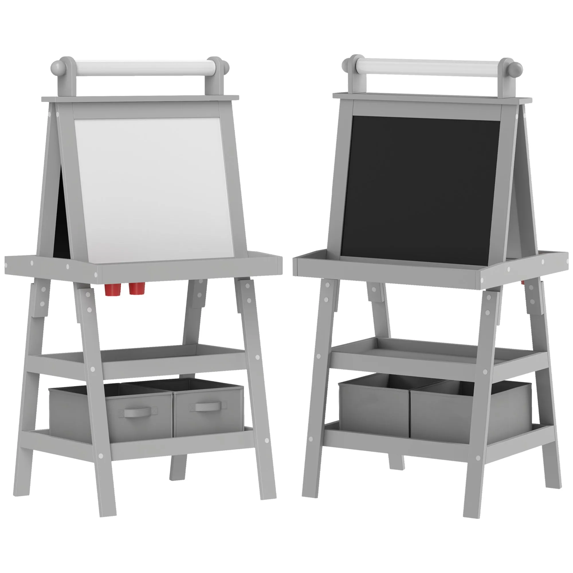 3 in 1 Kids Easel Double-Sided Magnetic Whiteboard and Chalkboard with Paper Roll, Storage Baskets - Grey