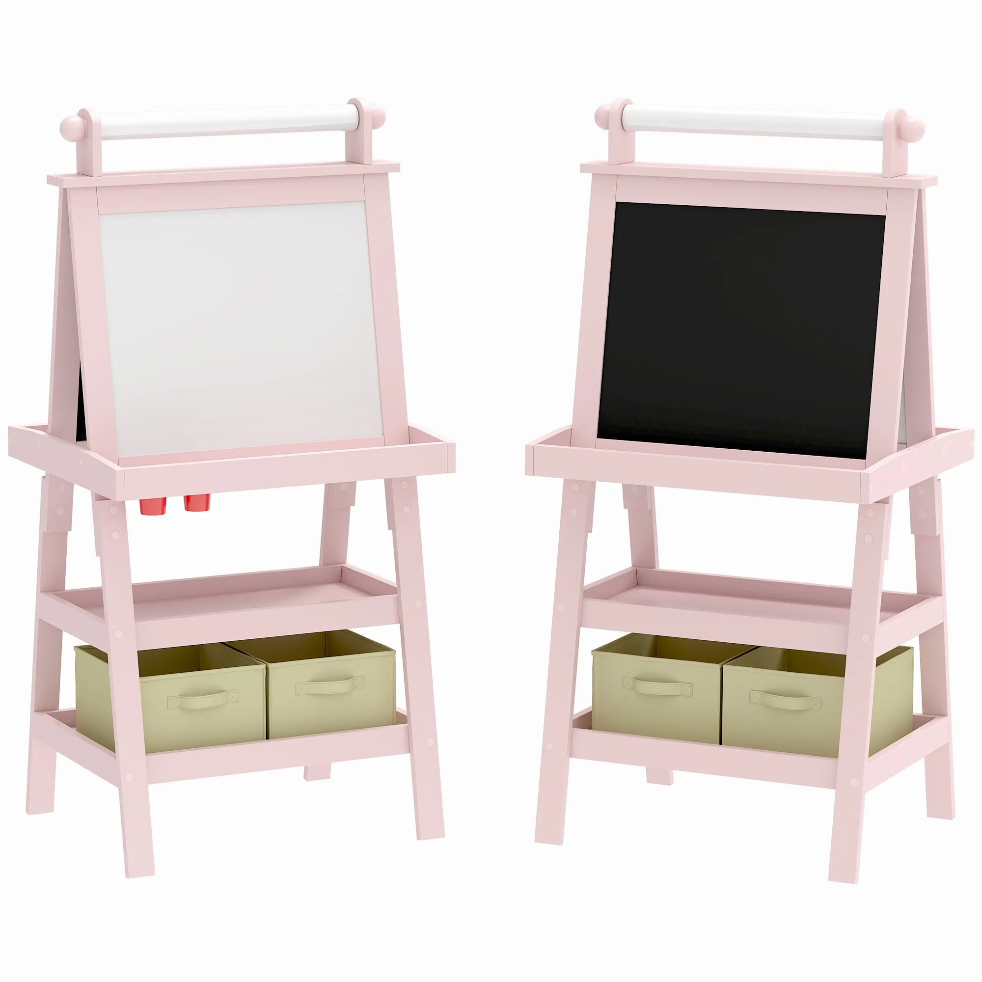 3 in 1 Kids Easel Double-Sided Magnetic Whiteboard and Chalkboard with Paper Roll, Storage Baskets - Pink