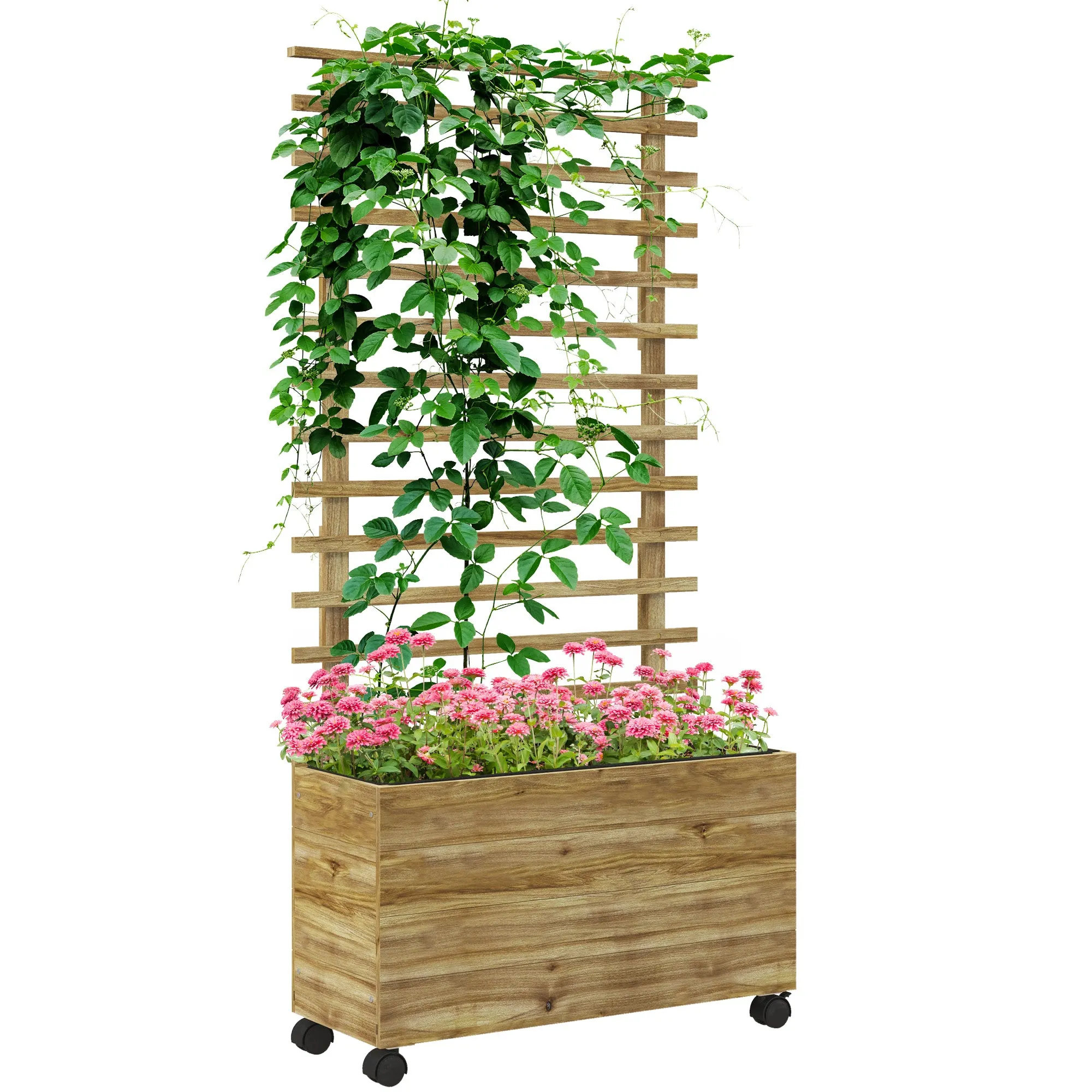 Wooden Raised Planter Natural Finish with Back Trellis