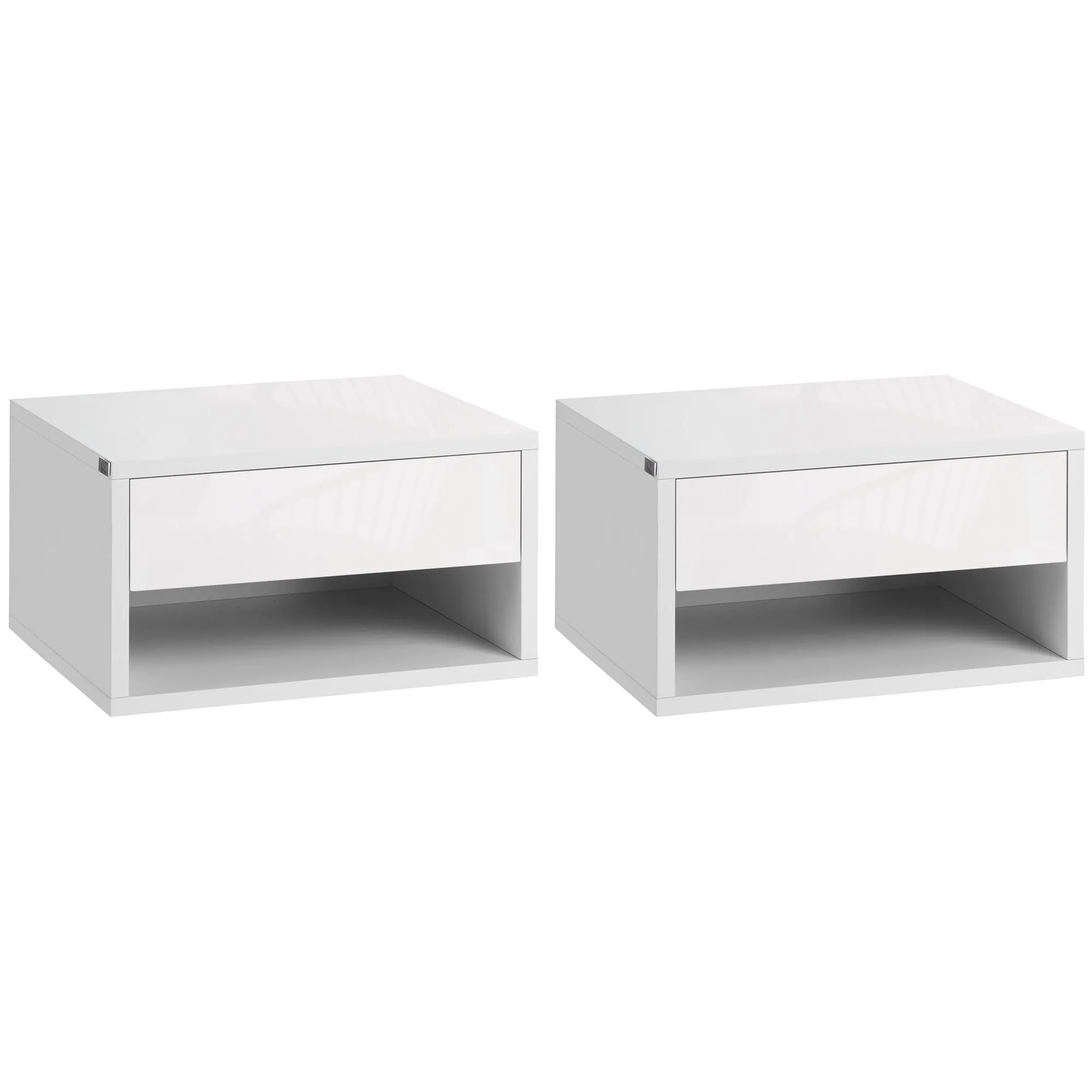 2 Pieces Bedside Table Wall Mounted High Gloss White 37x32x21cm Nightstand with Drawer and Shelf for Bedroom