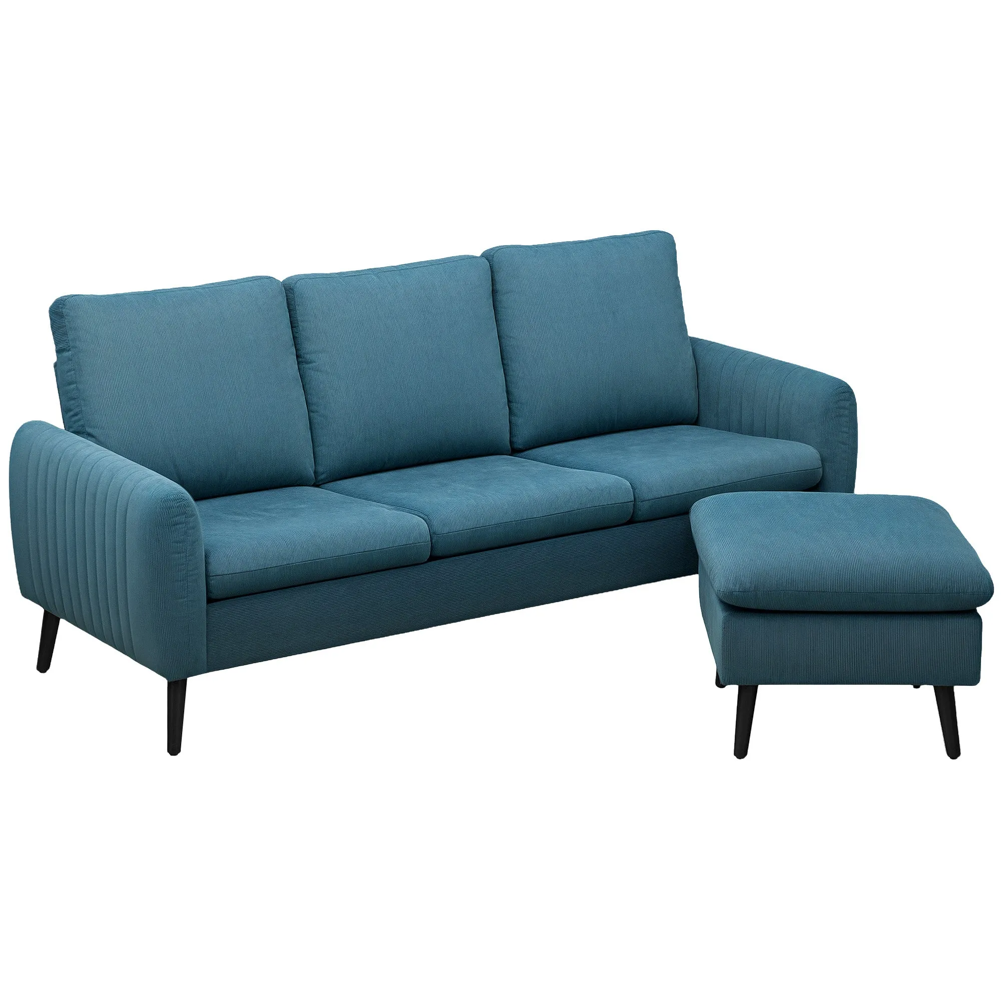 3 Seater Sofa with Ottoman 196cm Corduroy L-shaped Sofa Couch Scatter Back Reversible Chaise Lounge for Living Room Home Office Small Spaces, Blue