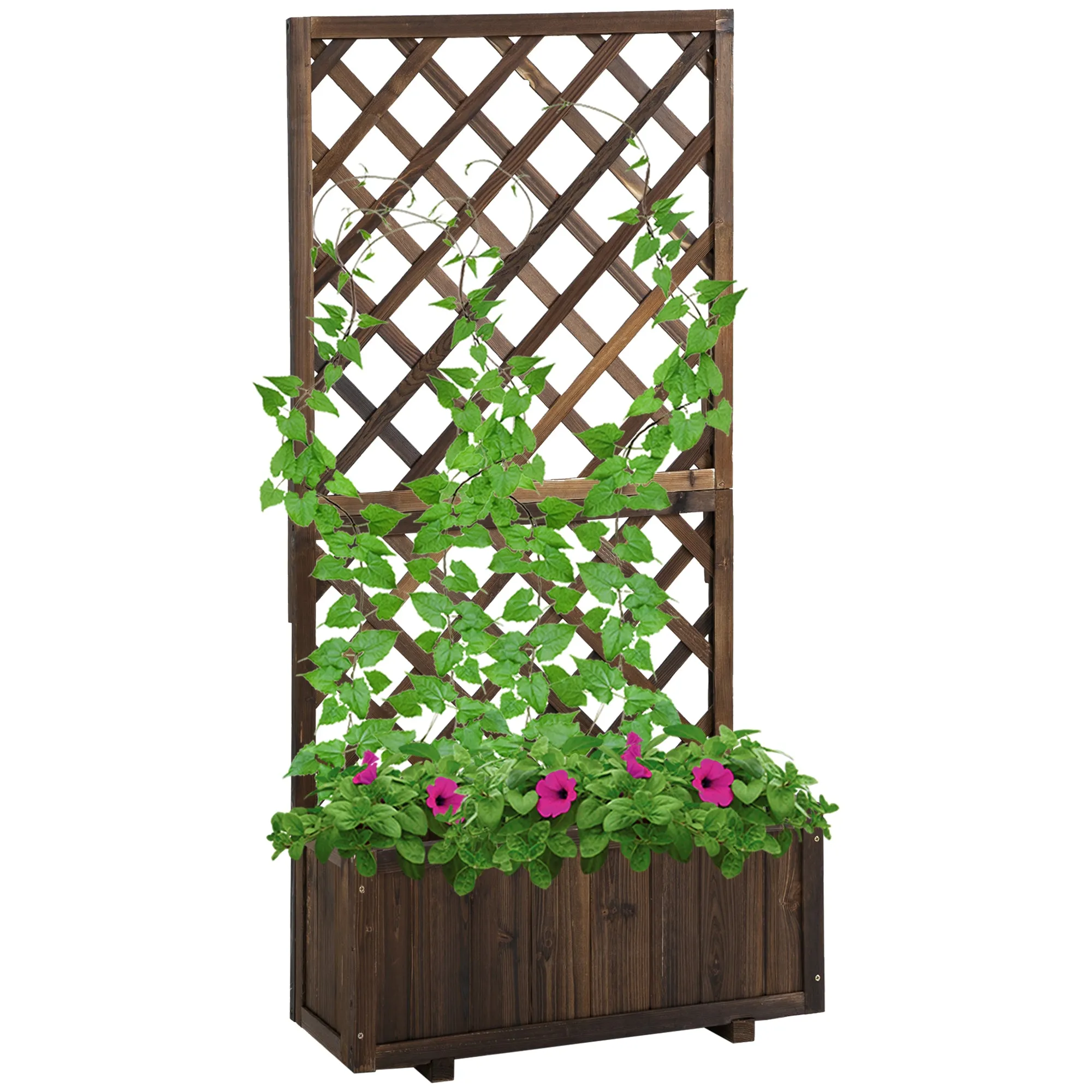 Wooden Pine Trough Planter Carbonised Finish 72.5 x 31.5 x 149.5 cm 45L with Topped Trellis Plants